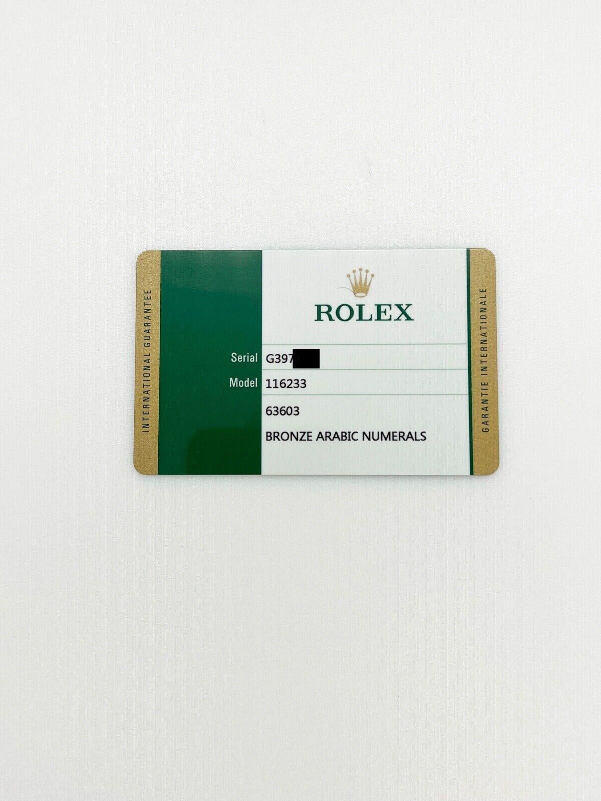 Rolex Datejust 116233 cadran arabe en bronze, or 18 carats, acier inoxydable et papier de boîte en vente 1