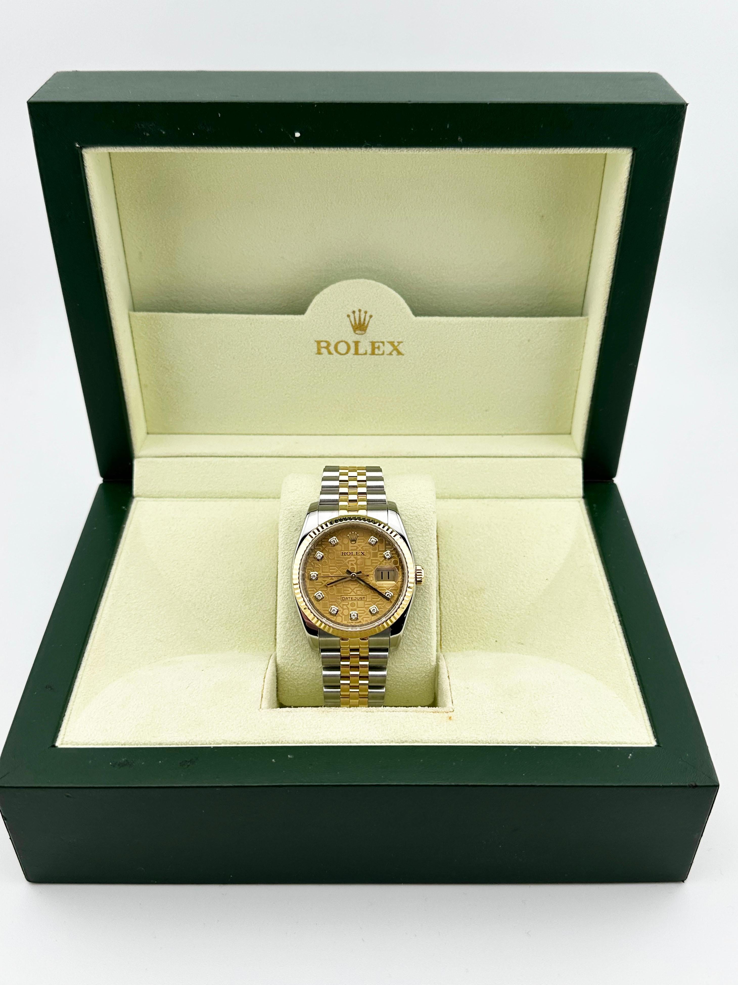 Style Number: 116233 



Serial: G394***



Year: 2010



 Model: Rolex Datejust 

 

Case Material: Stainless Steel 

 

Band: 18K Yellow Gold & Stainless Steel Jubilee Band 

  

Bezel: 18K Yellow Gold Fluted Bezel 

  

Dial: Original Champagne
