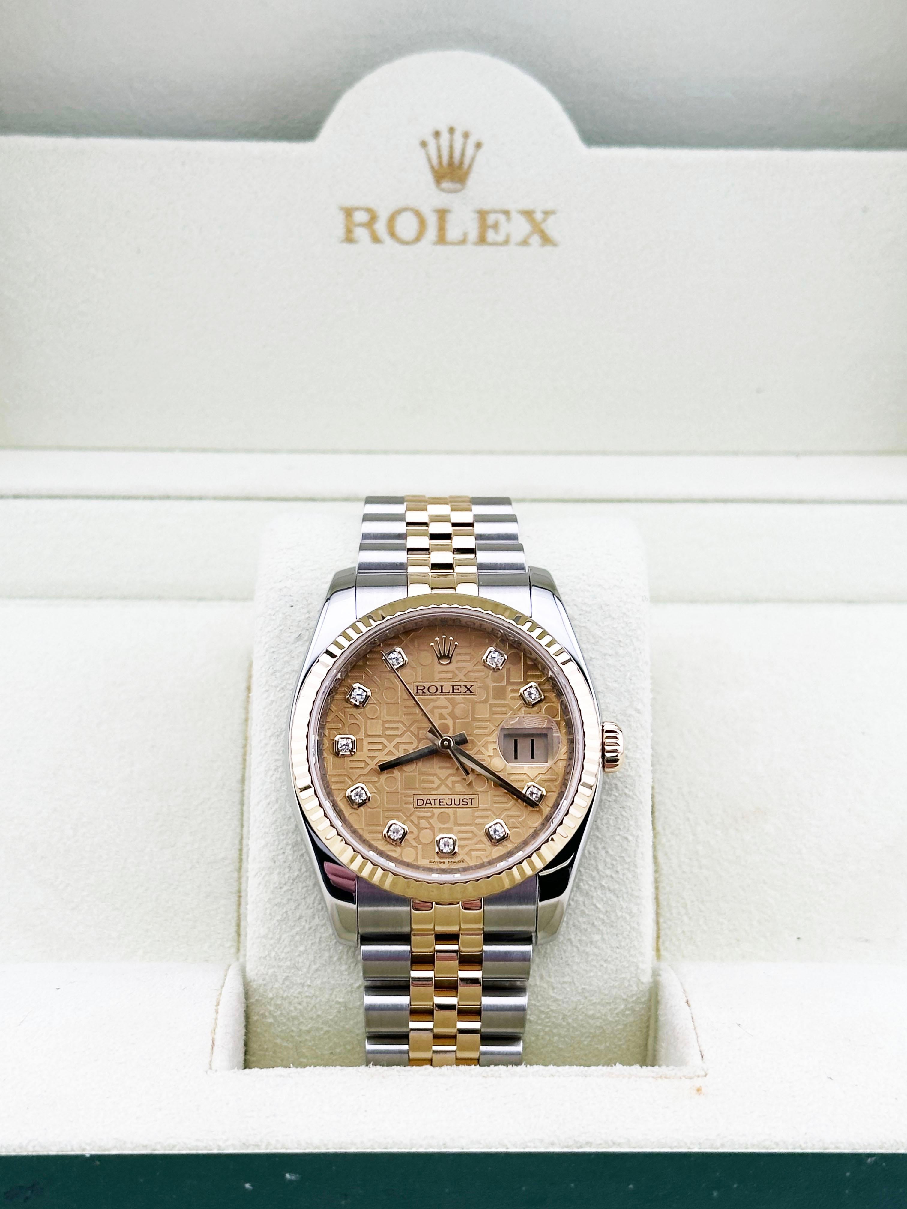Rolex Datejust 116233 Factory Champagne Jubilee Diamond Dial 18K Gold Steel 36mm In Excellent Condition In San Diego, CA