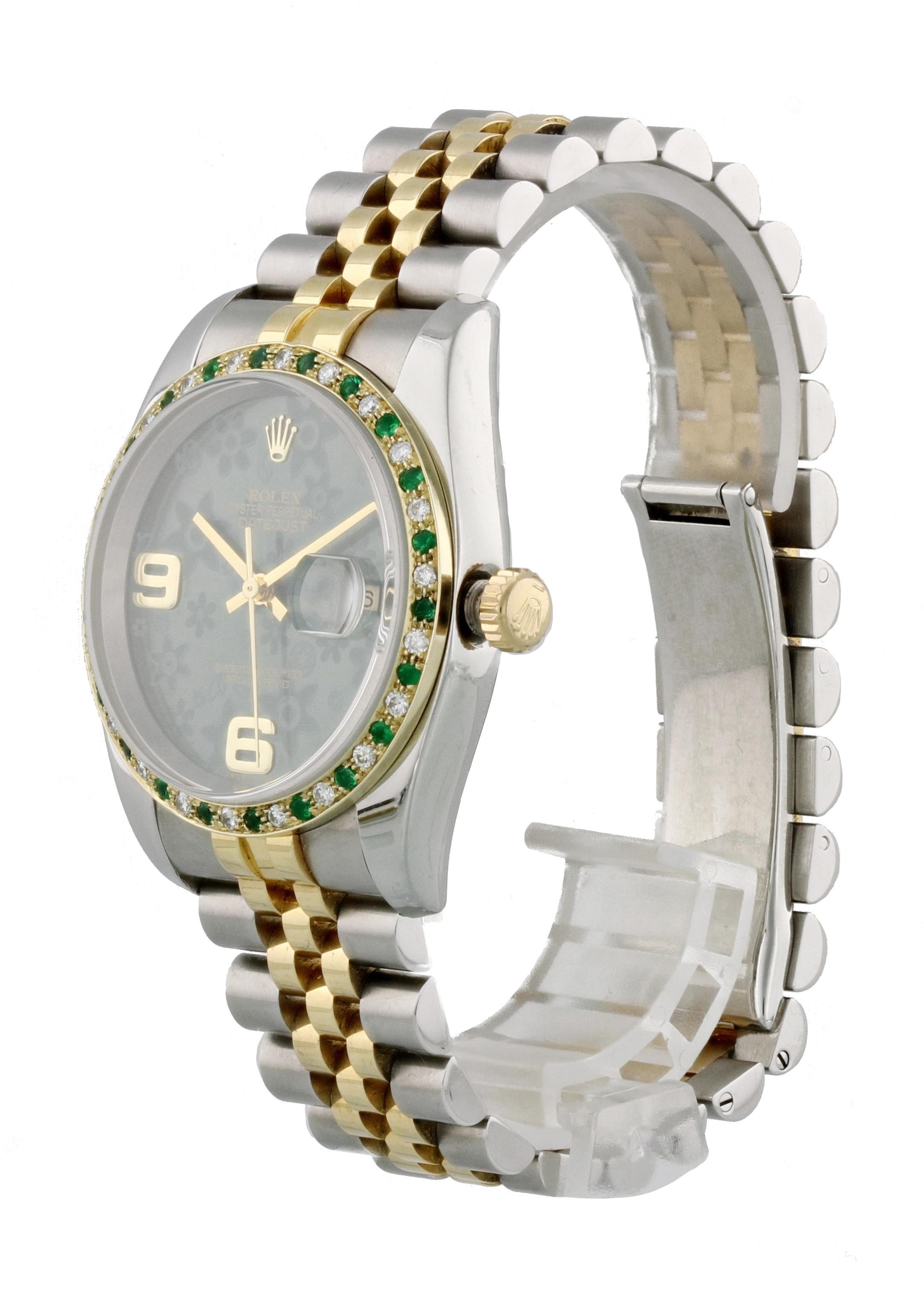 Rolex Datejust 116233 Men Watch. 36mm Stainless Steel case. Yellow Gold None bezel. Green Floral dial with gold hands and Arabic numeral hour markers. Date display at the 3 o'clock position. Stainless Steel Bracelet with Fold Over Clasp. Will fit up