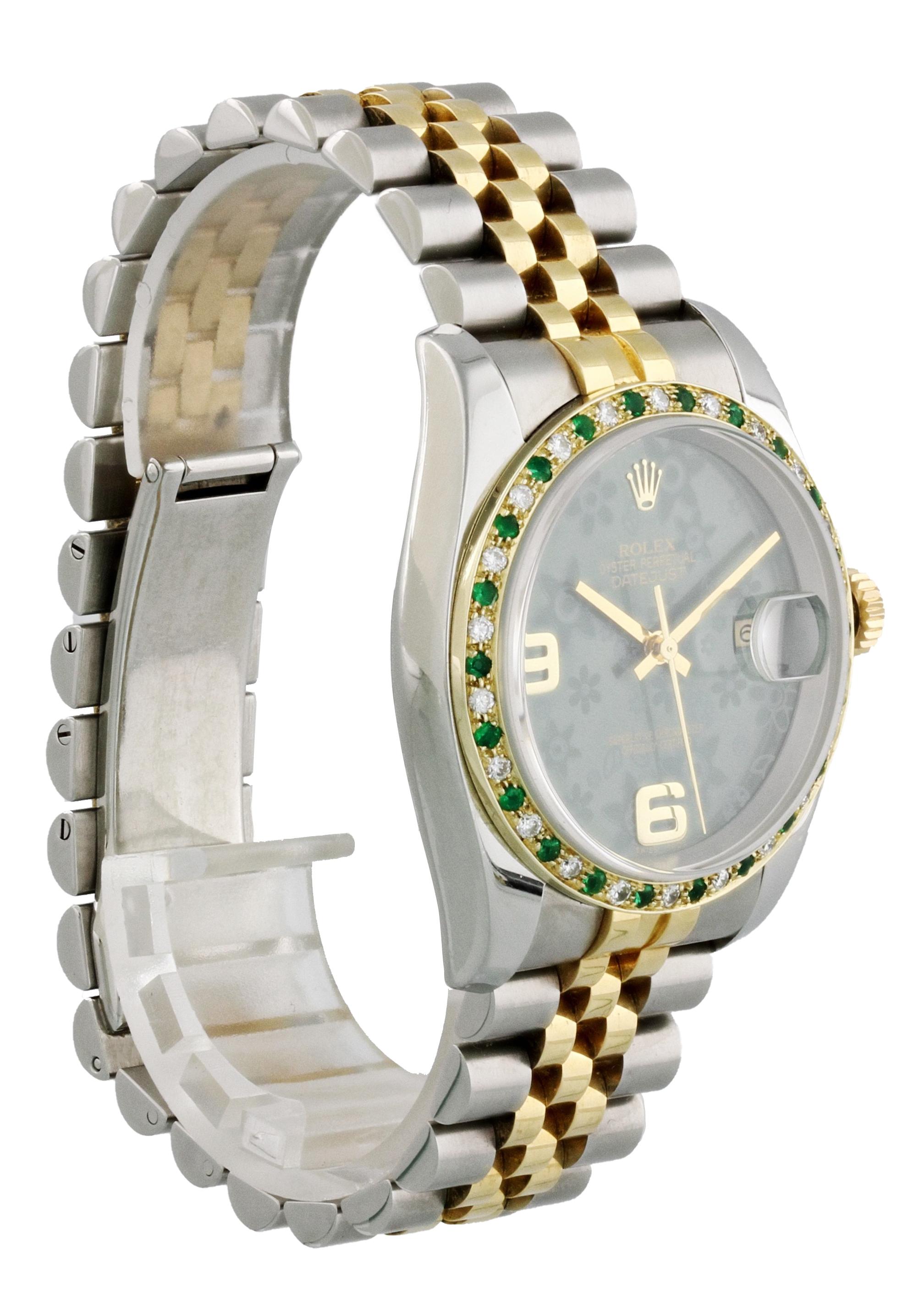 Rolex Datejust 116233 Green Floral Dial Diamond Bezel Men's Watch In Excellent Condition For Sale In New York, NY
