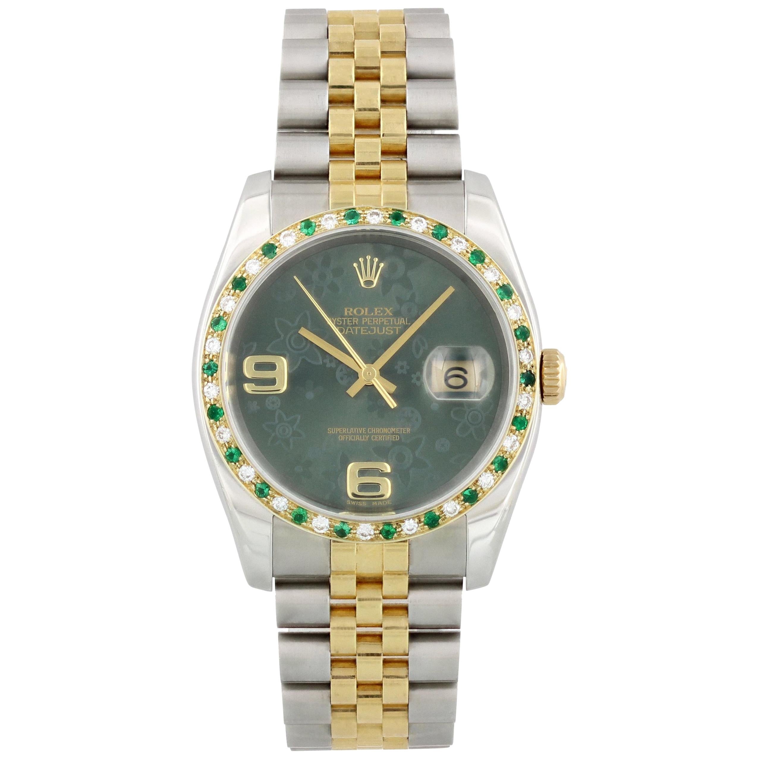 Rolex Datejust 116233 Green Floral Dial Diamond Bezel Men's Watch For Sale