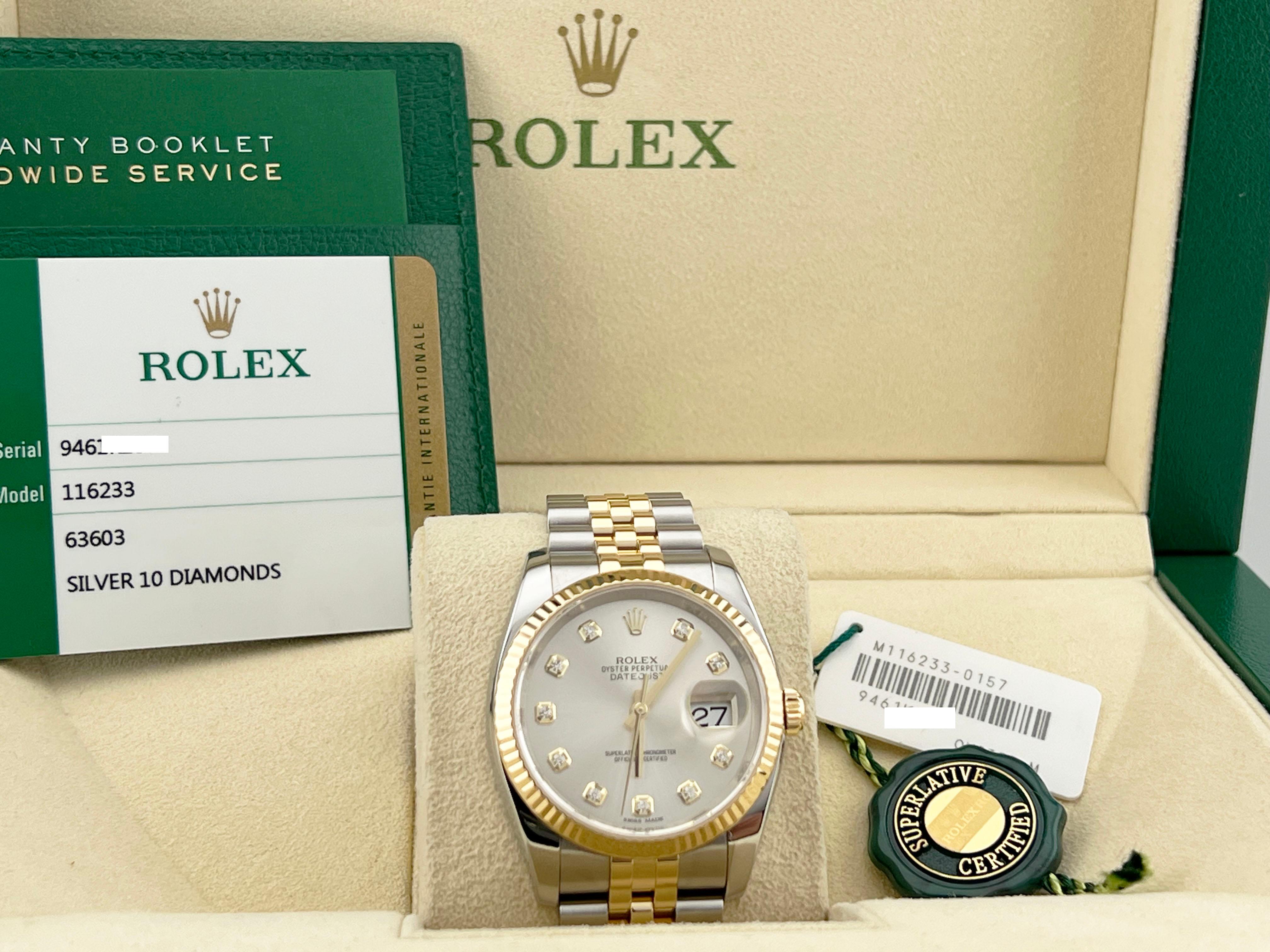  Style Number: 116233



Serial: 946K***



Year: 2018

 

Model: Rolex Datejust 

 

Case Material: Stainless Steel 

 

Band: 18K Yellow Gold & Stainless Steel Jubilee Band

  

Bezel: 18K Yellow Gold Fluted Bezel

  

Dial: Original Silver