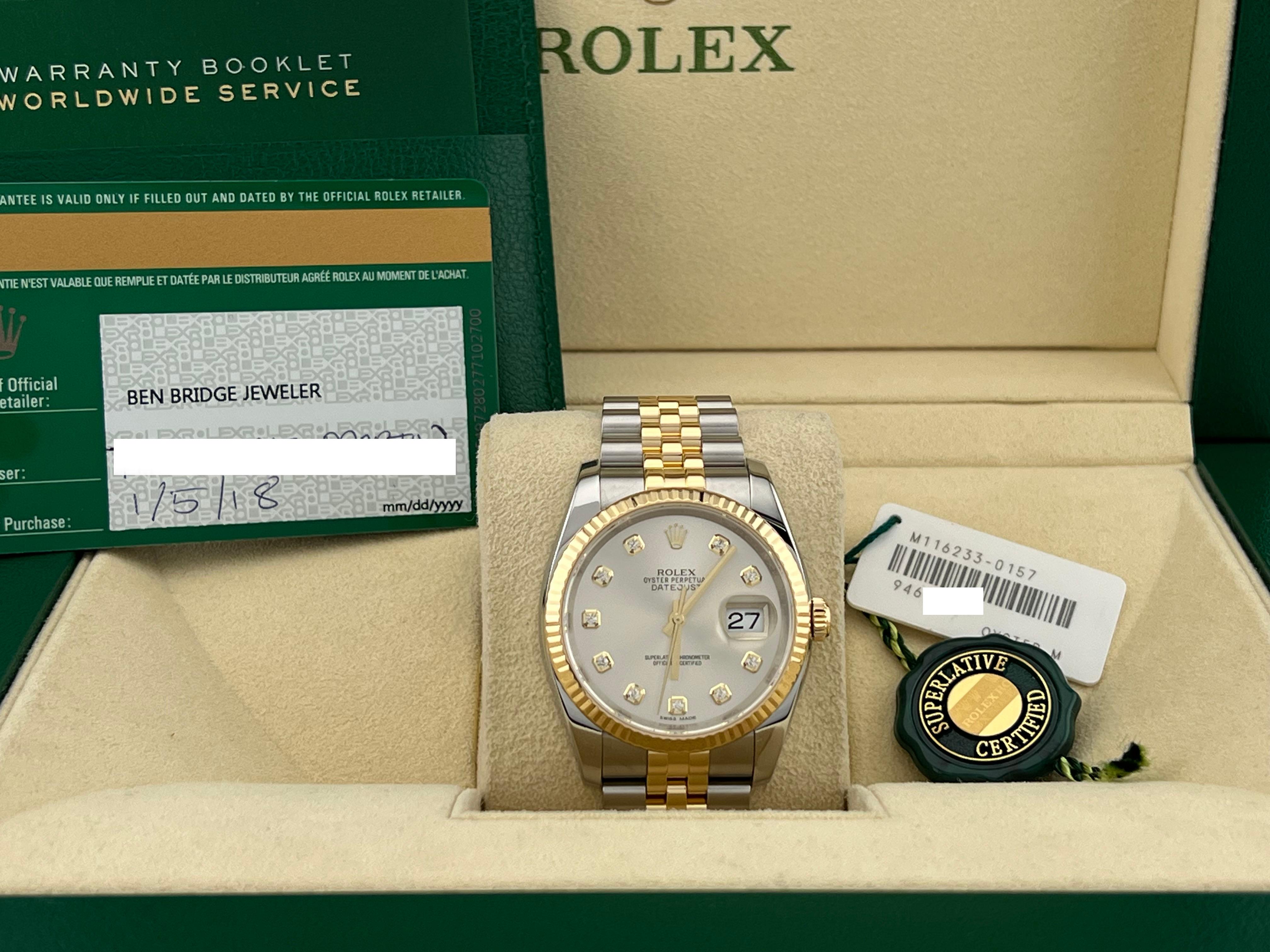 Rolex Datejust 116233 Silver Diamond Dial 18K Yellow Gold Stainless Box Paper In Excellent Condition In San Diego, CA