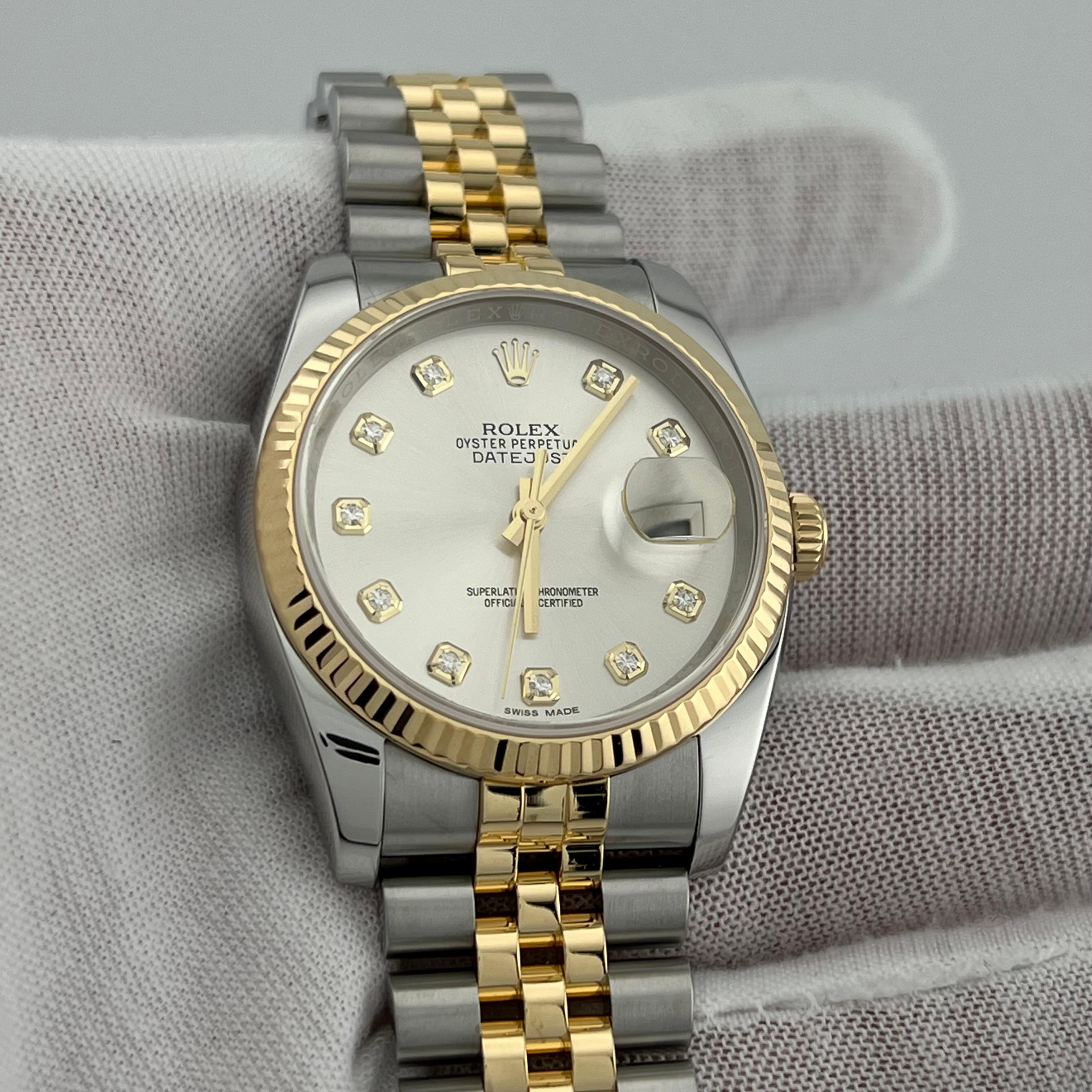 Men's Rolex Datejust 116233 Silver Diamond Dial 18K Yellow Gold Stainless Box Paper