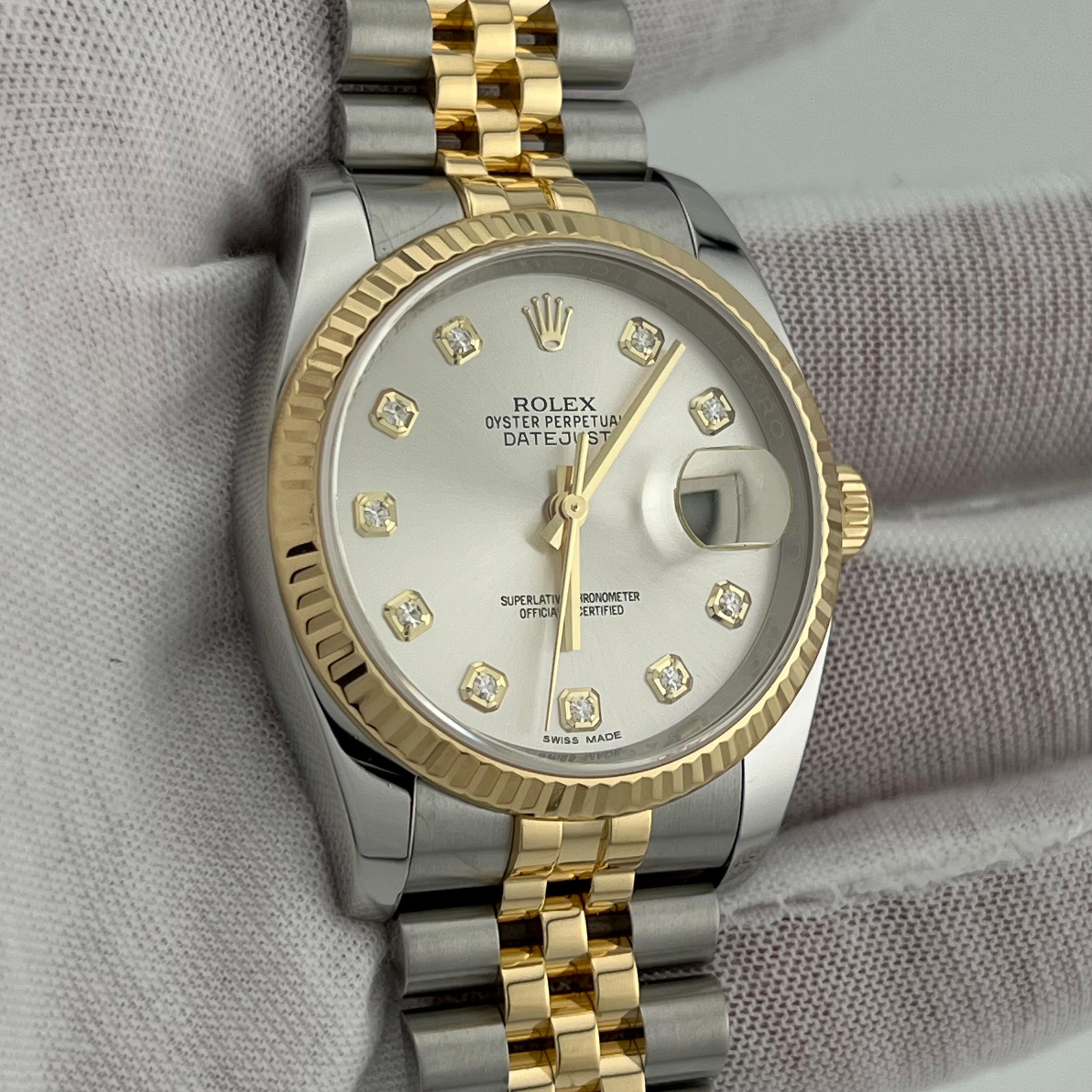 Rolex Datejust 116233 Silver Diamond Dial 18K Yellow Gold Stainless Box Paper 1