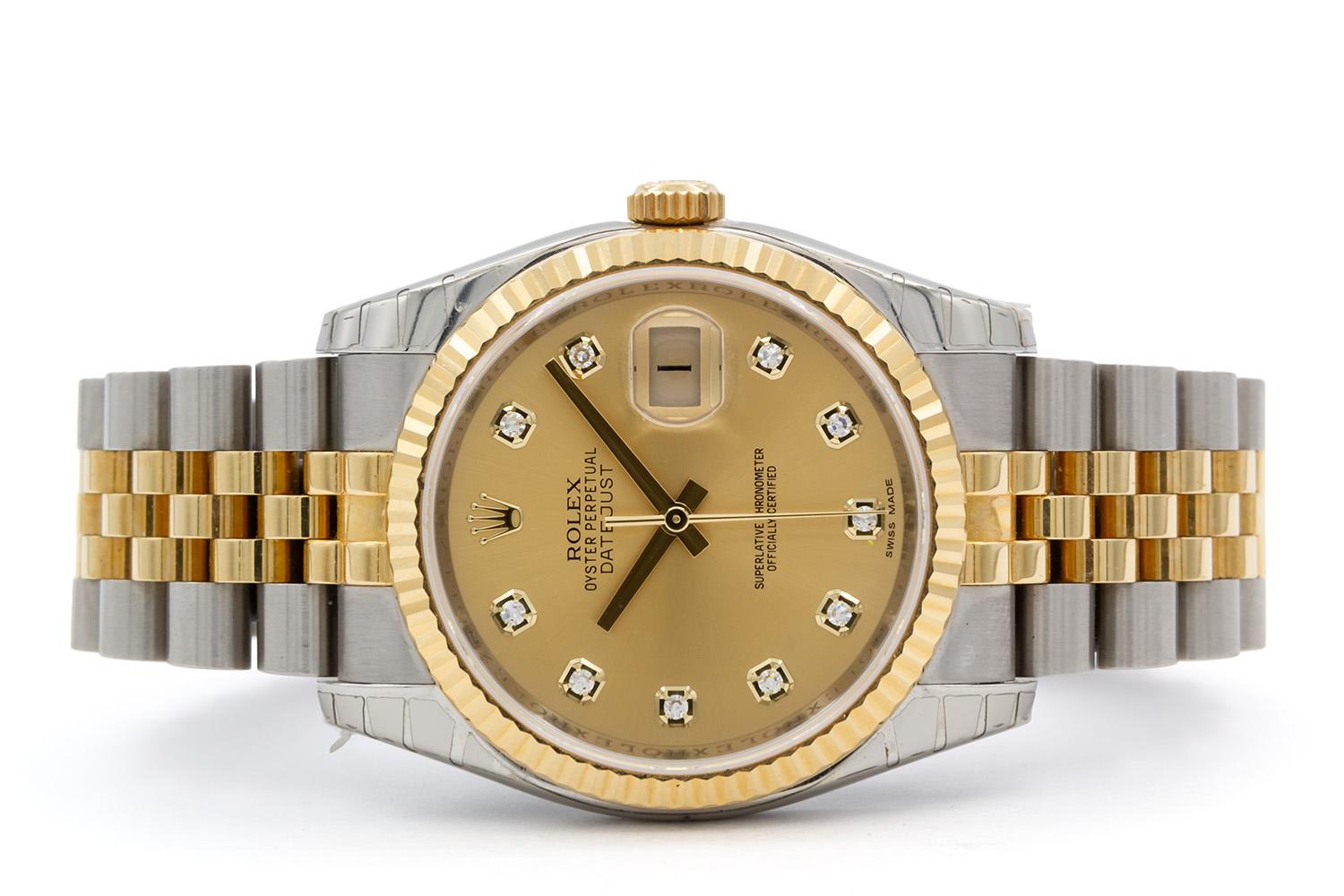 We are pleased to present this 2009 Rolex 18k Yellow Gold & Stainless Steel Datejust, reference 116233 with most of the original protective stickers still intact. This timeless classic features a 36mm stainless steel case paired with an 18k yellow