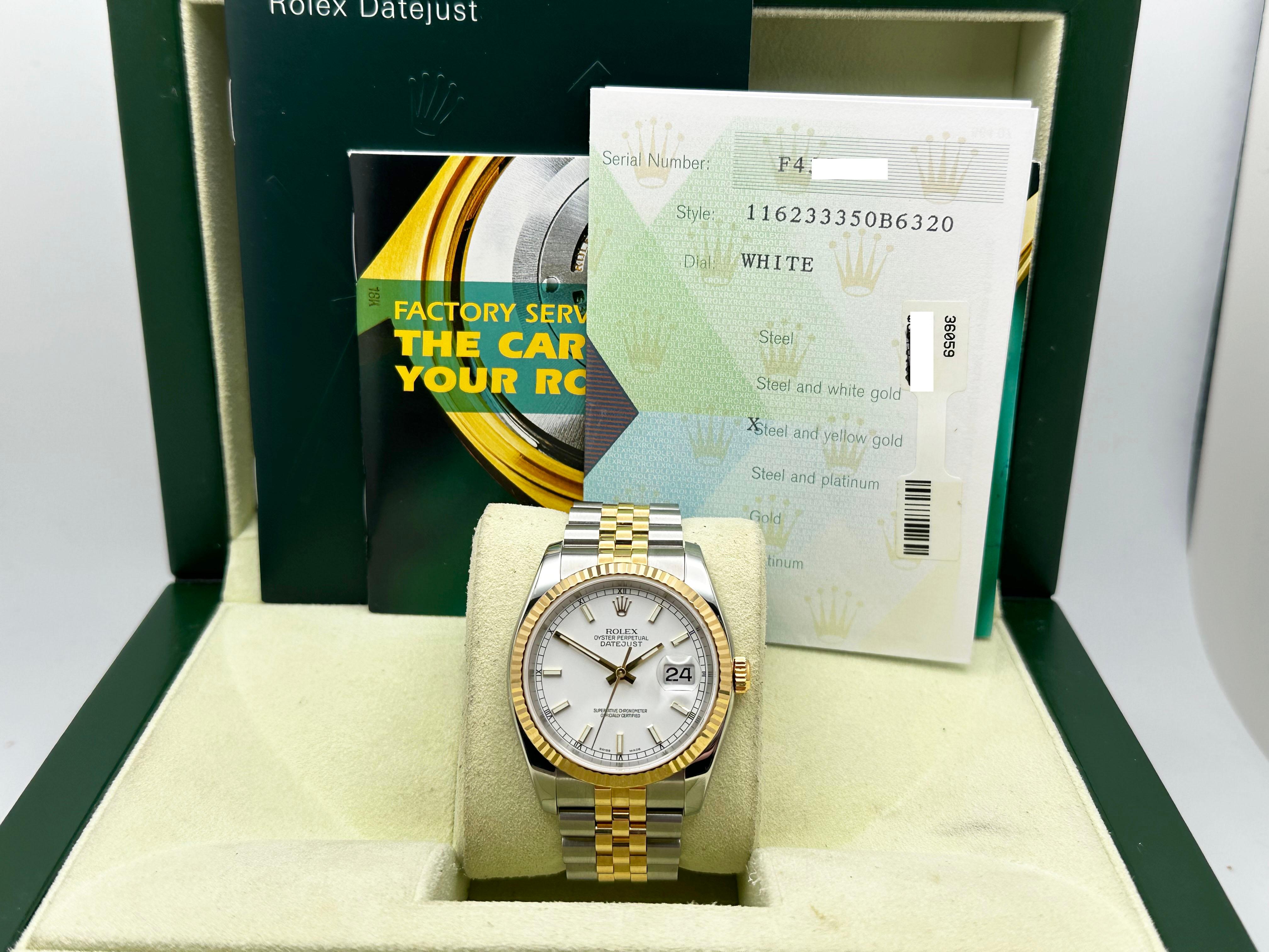 Style Number: 116233


Serial: F438***



Year: 2003

 

Model: Rolex Datejust 

 

Case Material: Stainless Steel 

 

Band: 18K Yellow Gold & Stainless Steel 

  

Bezel: 18K Yellow Gold Fluted Bezel 

  

Dial: White Dial 

 

Face: Sapphire