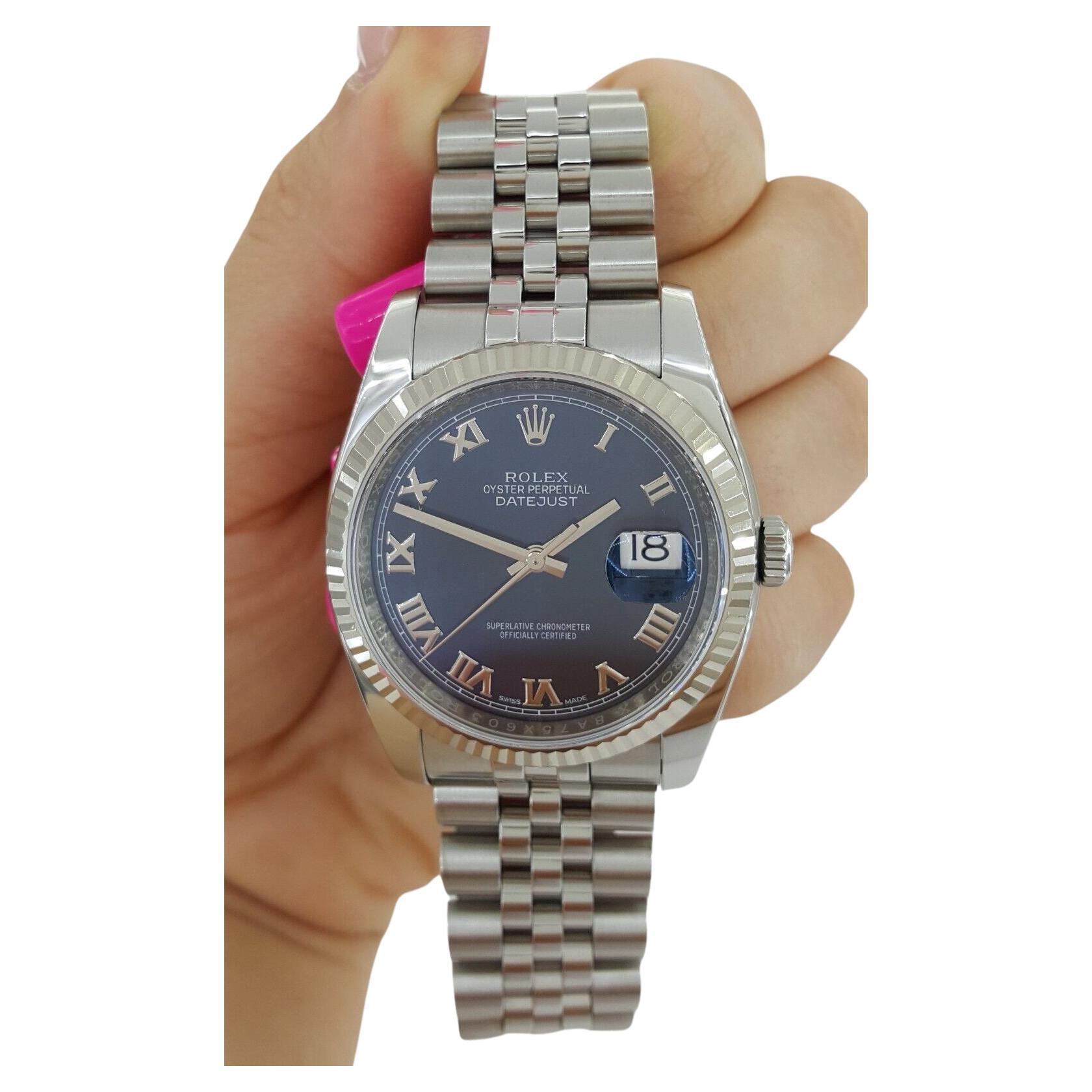 Rolex DateJust 116234 36 mm Stainless Jubilee Roman Blue Dial 18k Watch For Sale