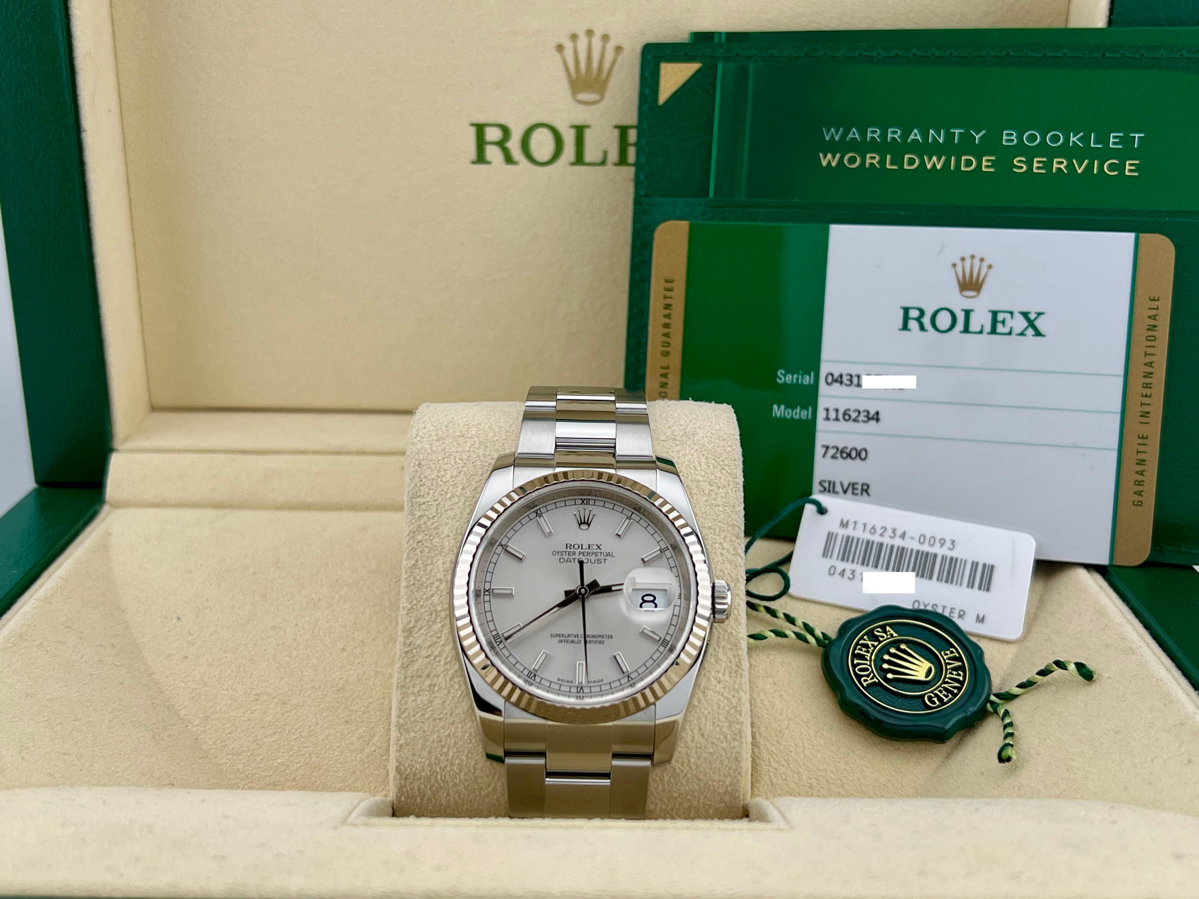 Style Number: 116234



Year: 2018

 

Model: Rolex Datejust 

 

Case Material: Stainless Steel 

 

Band:  Stainless Steel 

  

Bezel: 18K White Gold Fluted Bezel 

  

Dial: Silver Dial 

 

Face: Sapphire Crystal 

 

Case Size: 36mm 

