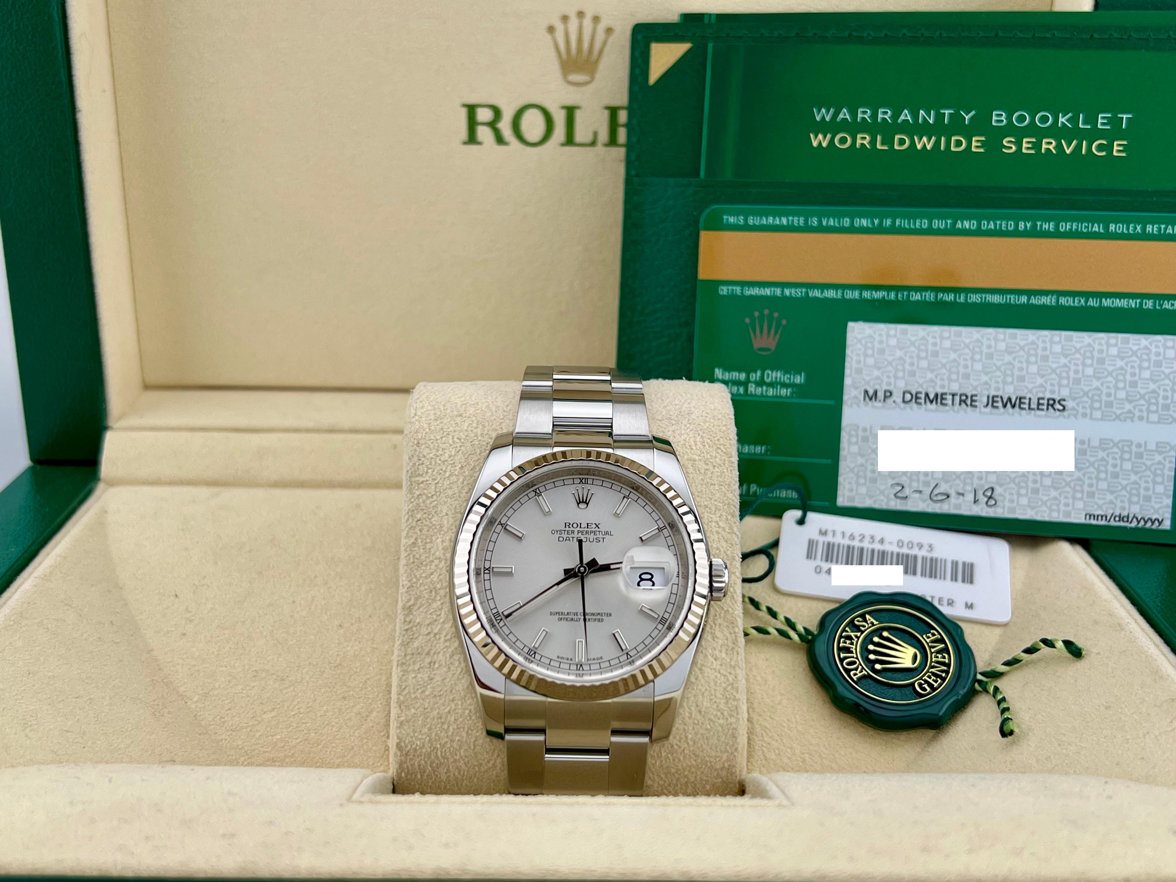 Rolex Datejust 116234 36mm Silver Dial Stainless Steel Box Paper 2018 In Excellent Condition For Sale In San Diego, CA