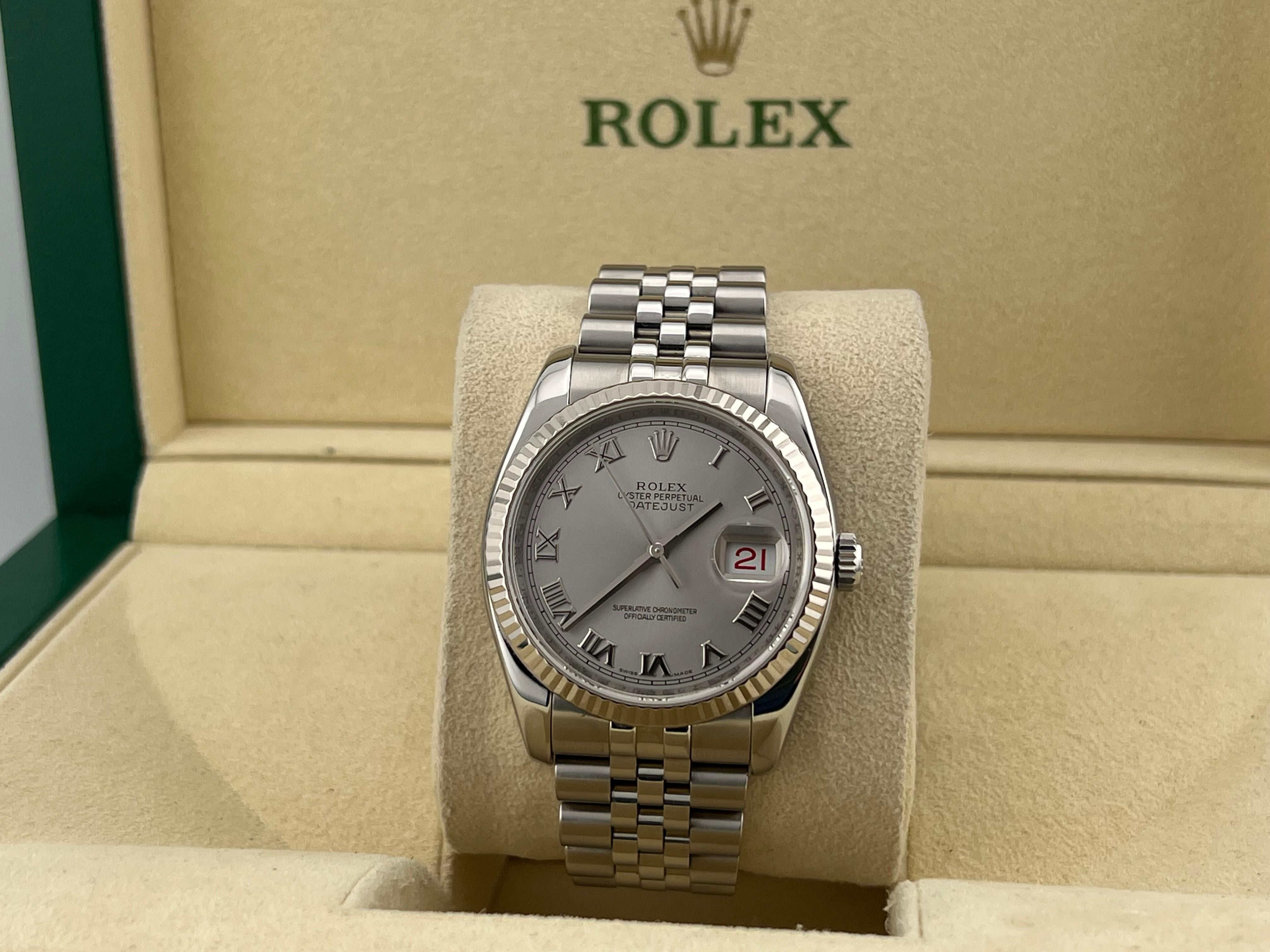 Style Number: 116234

Serial: Z986***

Year: 2007

Model: Rolex Datejust 

Case Material: Stainless Steel 

Band: Stainless Steel 

Bezel: 18K White Gold Fluted Bezel

Dial: Silver Roman Numeral Dial 

Face: Sapphire Crystal 

Case Size: 36mm
