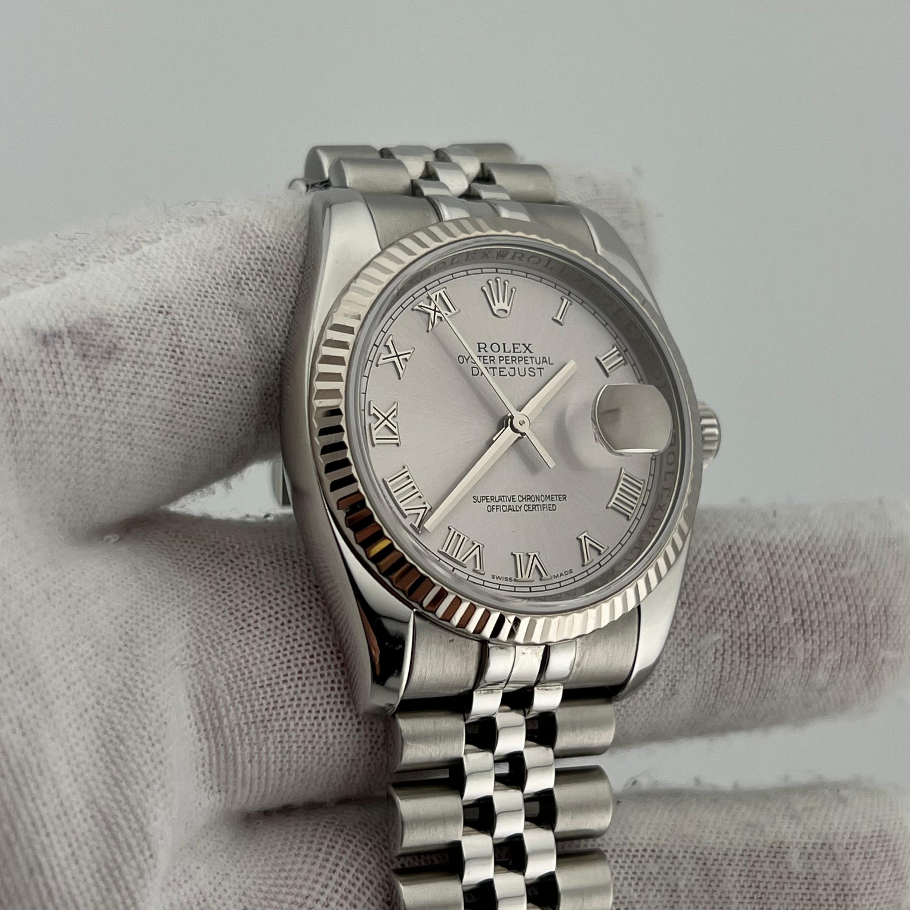 Rolex Datejust 116234 36mm Silver Roman Numeral Dial Steel 18k White Gold Bezel In Excellent Condition In San Diego, CA