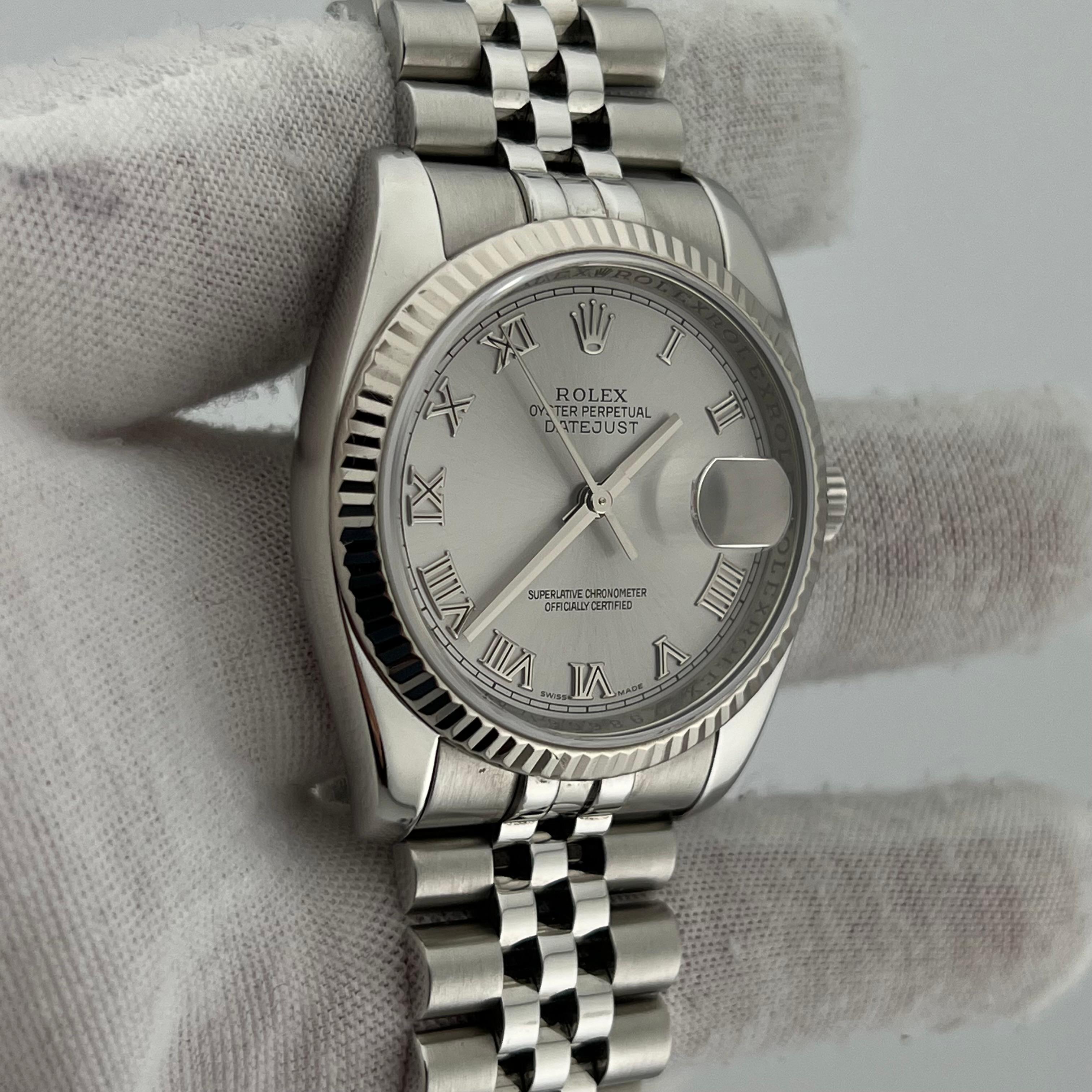 Men's Rolex Datejust 116234 36mm Silver Roman Numeral Dial Steel 18k White Gold Bezel
