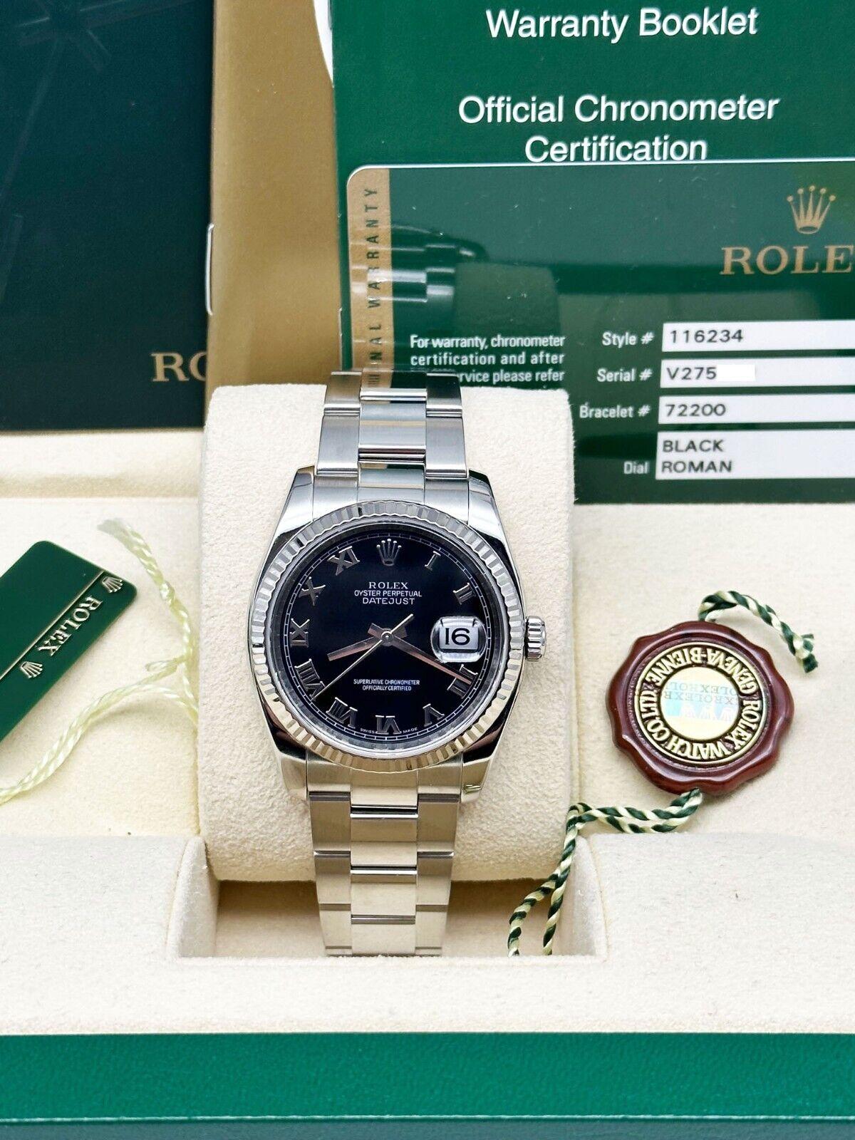 Rolex Datejust 116234 Black Roman Dial Stainless Steel Box Paper 2010 In Excellent Condition For Sale In San Diego, CA