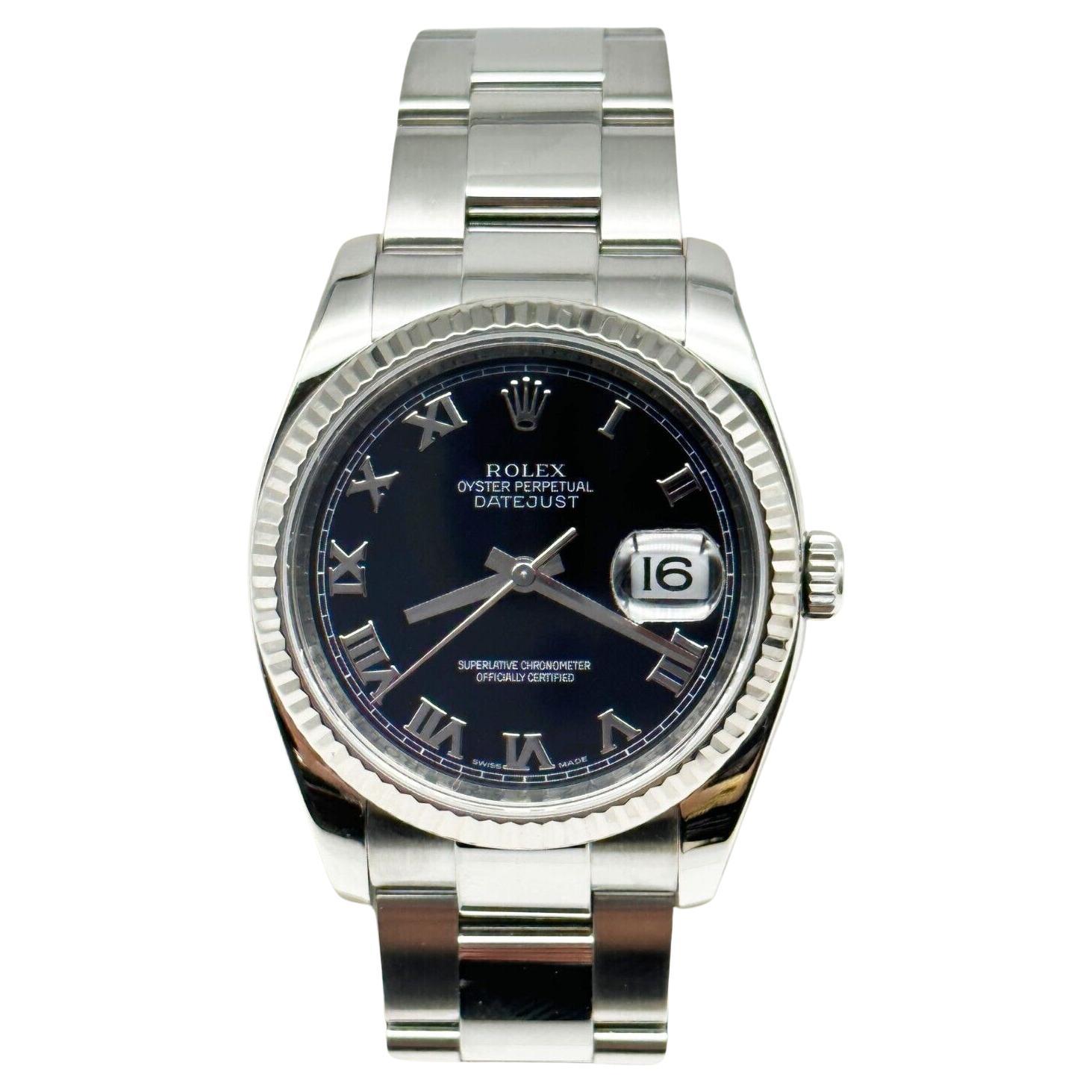 Rolex Datejust 116234 Black Roman Dial Stainless Steel Box Paper 2010 For Sale