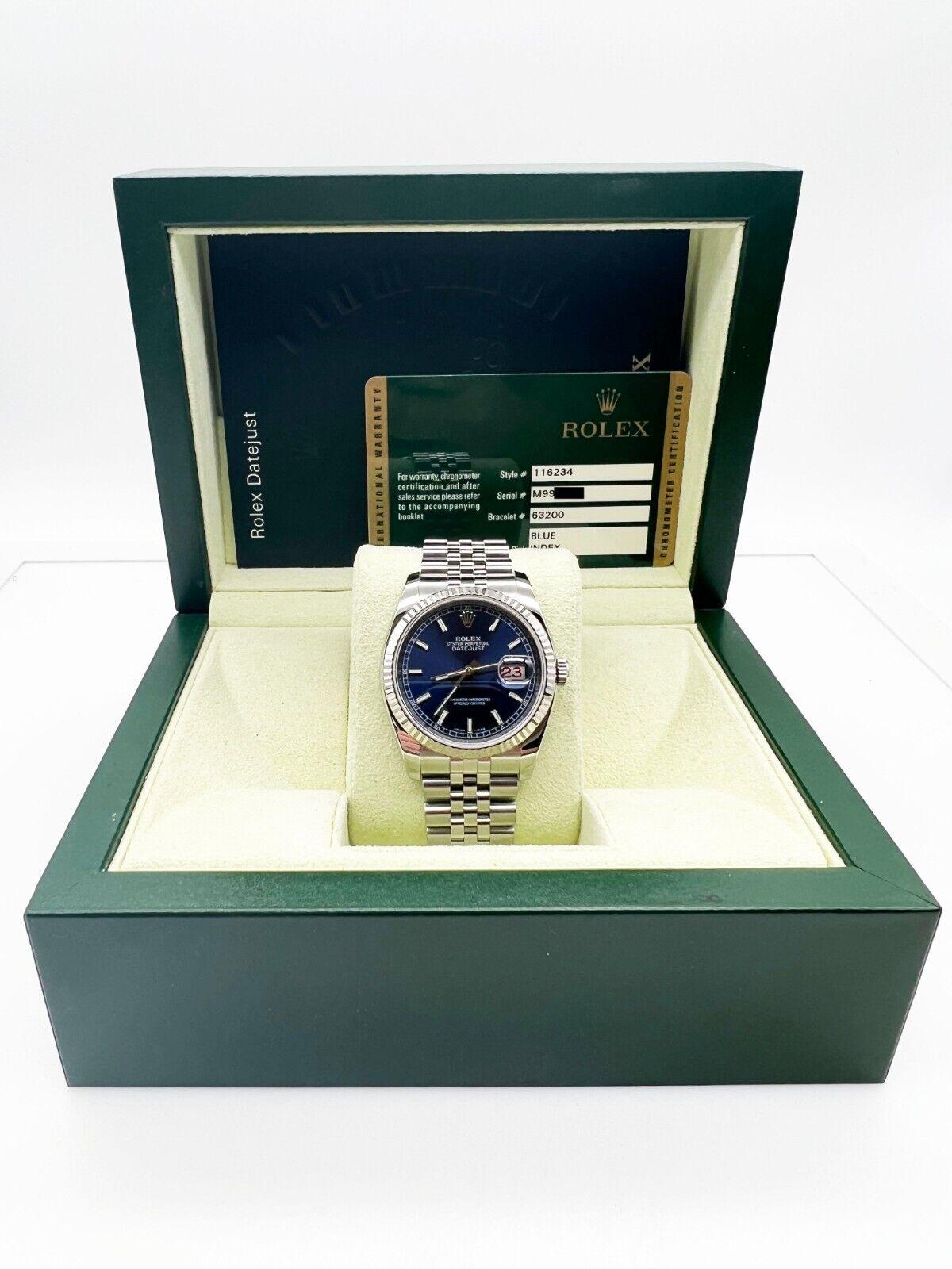 Stilnummer: 116234
Seriennummer: M995***
Jahr: 2008
Modell: Datejust
MATERIAL des Gehäuses: Rostfreier Stahl 
Band: Rostfreier Stahl 
Lünette: 18K Weißgold geriffelte Lünette 
Zifferblatt: Blau
Gesicht: Saphirglas 
Gehäusegröße: 36mm 

Enthält: