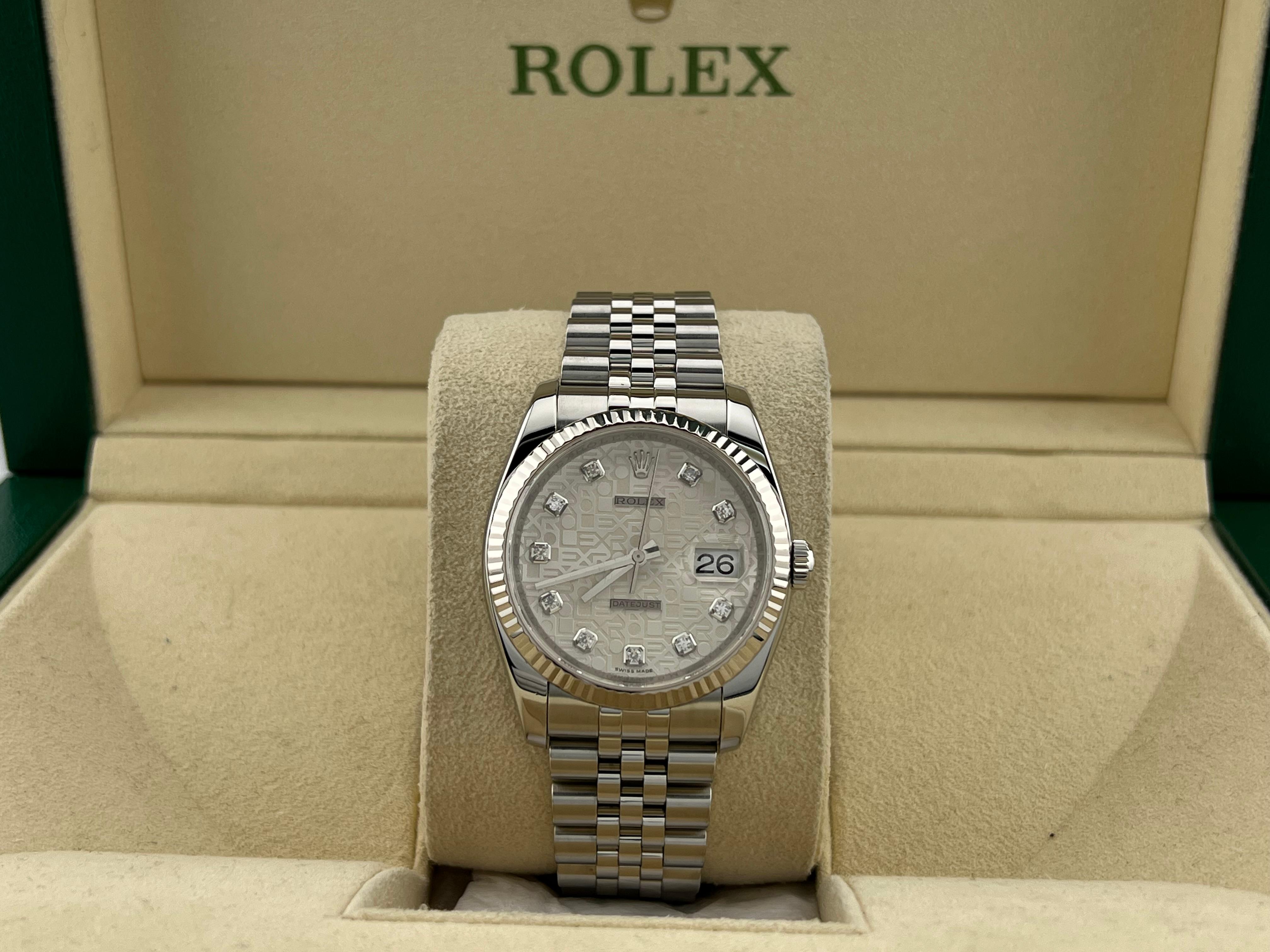 Style Number: 116234



Serial: M081***



Year: 2007

 

Model: Rolex Datejust

 

Case Material: Stainless Steel 

 

Band: Stainless Steel 

  

Bezel: 18K White Gold Fluted Bezel 

  

Dial: Factory Original Rolex Silver Jubilee Diamond Dial 

