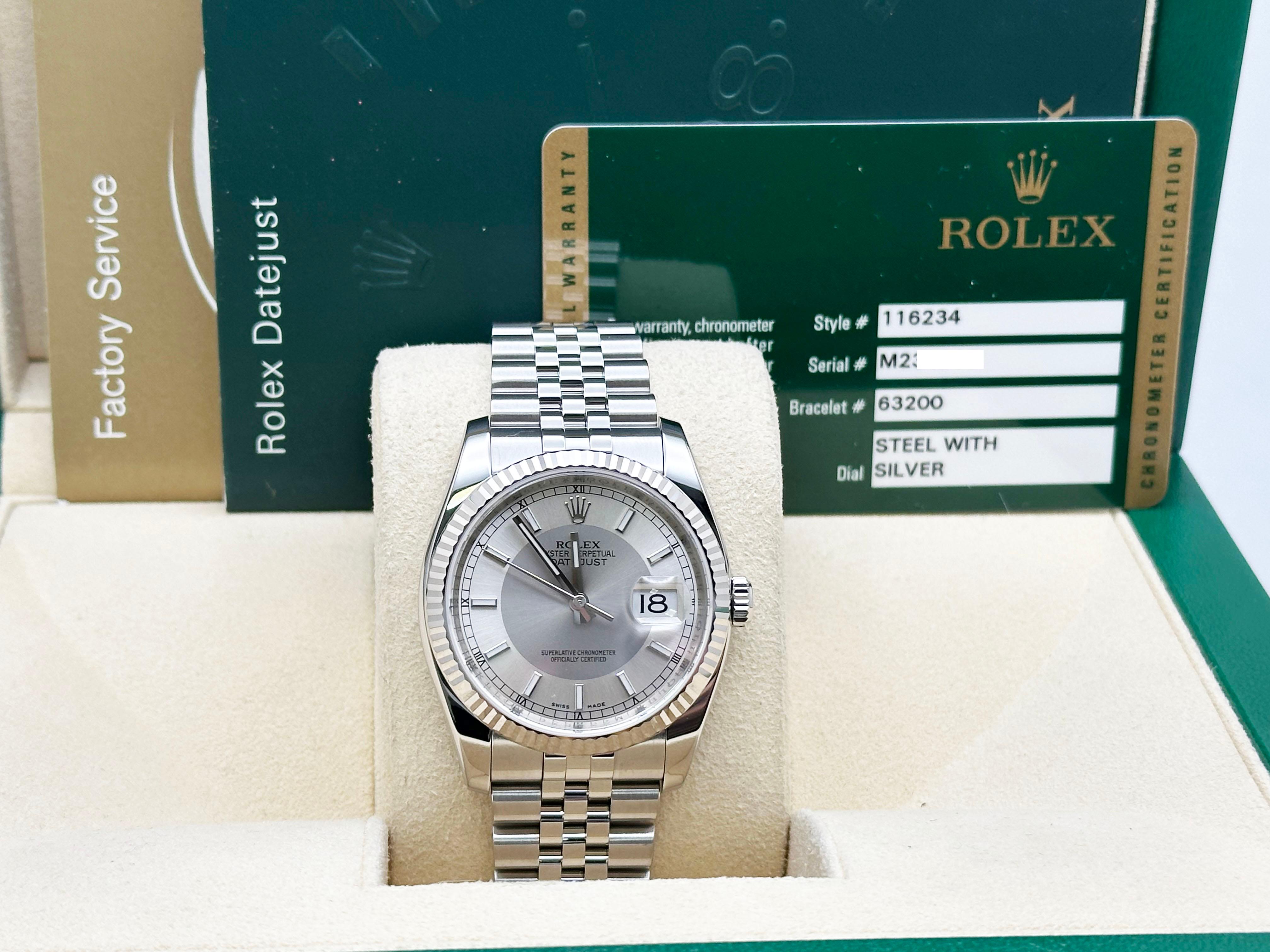 Style Number: 116234



Serial: M234***



Year: 2011

 

Model: Rolex Datejust 

 

Case Material: Stainless Steel 

 

Band: Stainless Steel 

  

Bezel: 18K White Gold 

  

Dial: Silver Concentric Dial 

 

Face: Sapphire Crystal 

 

Case Size:
