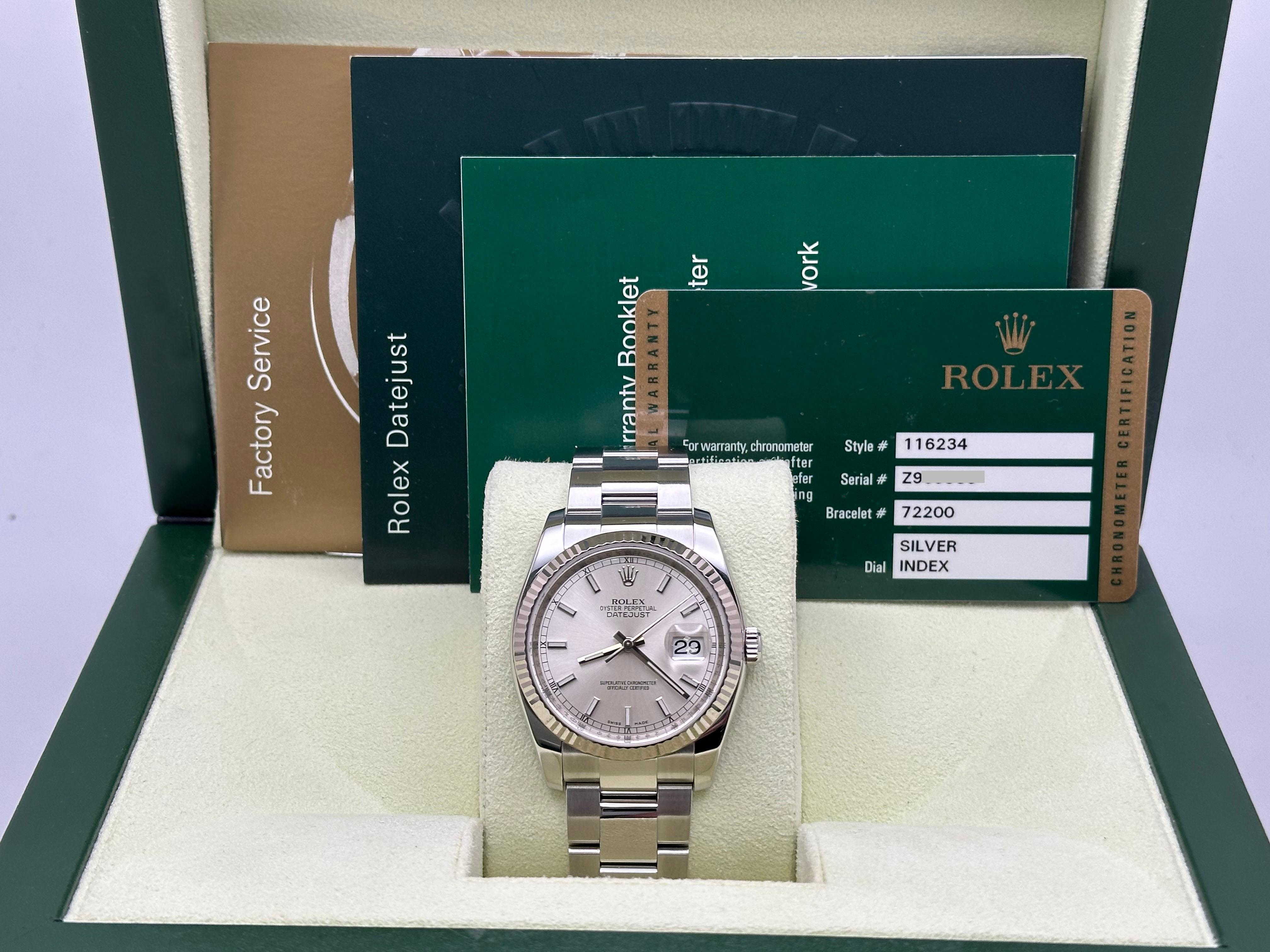 Rolex Datejust 116234 Silber Zifferblatt Edelstahl Box Papier 36mm im Angebot 4