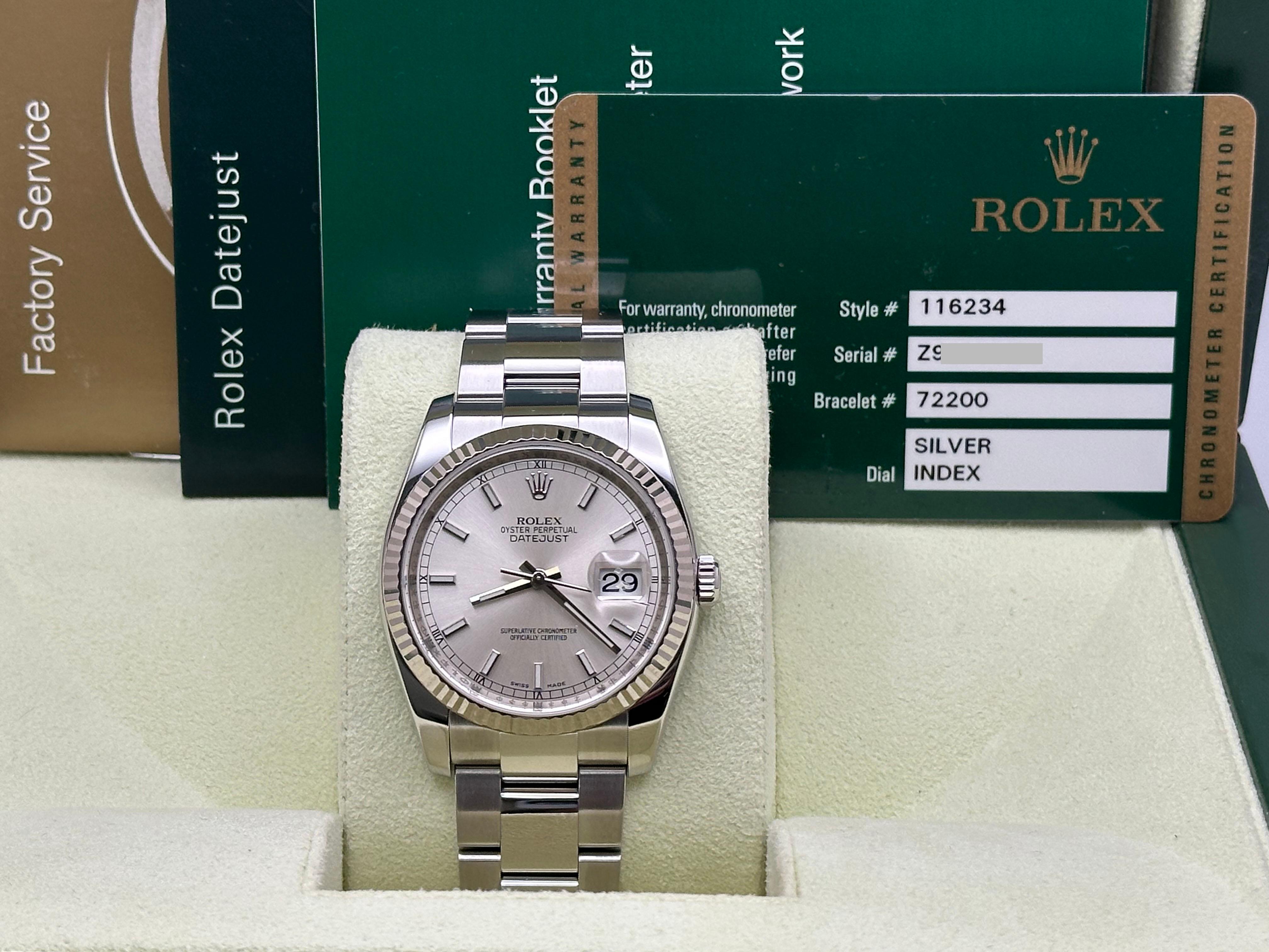 Rolex Datejust 116234 Silber Zifferblatt Edelstahl Box Papier 36mm im Angebot 5