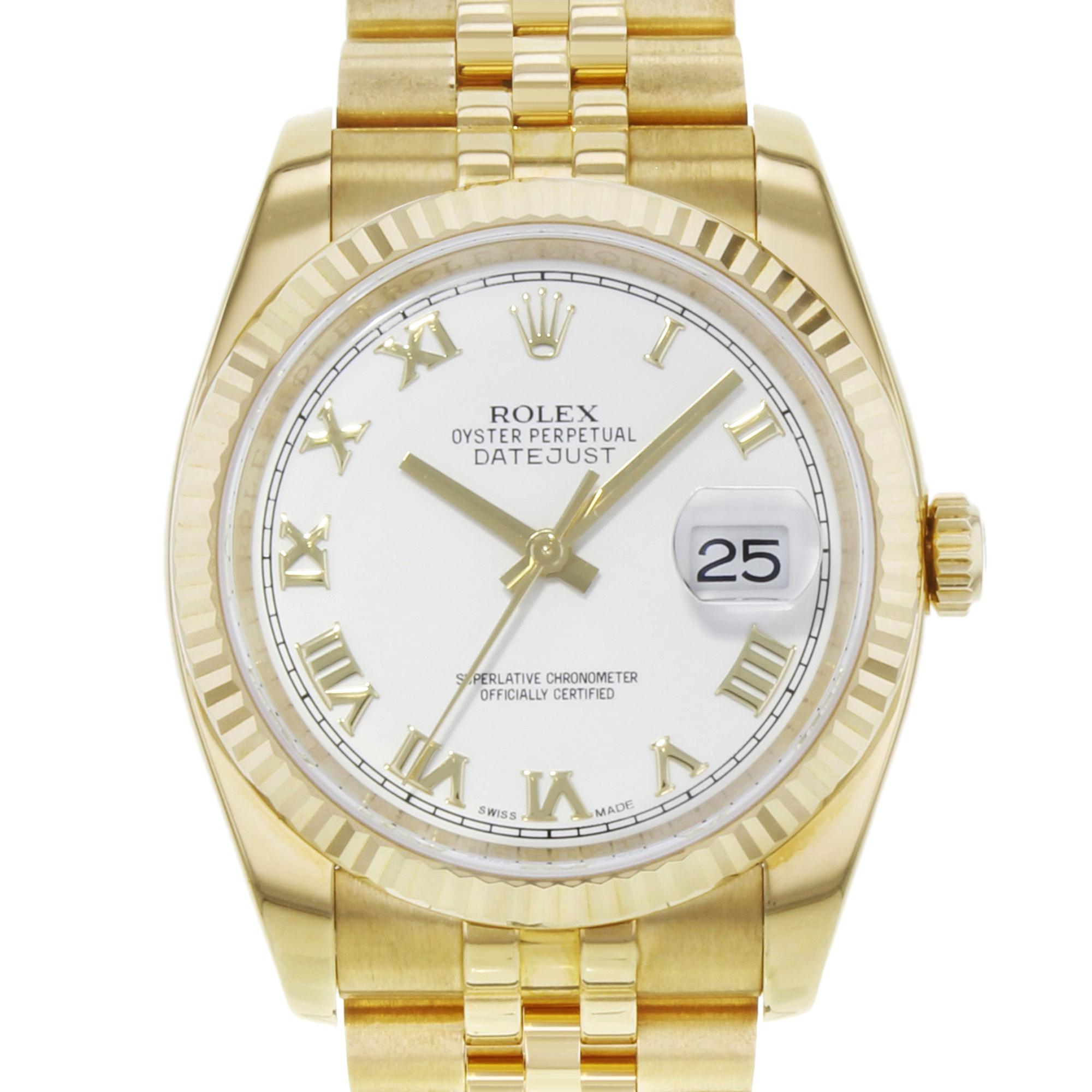 Rolex Datejust 116238 White Roman Dial 18K Yellow Gold Mens Watch Mint