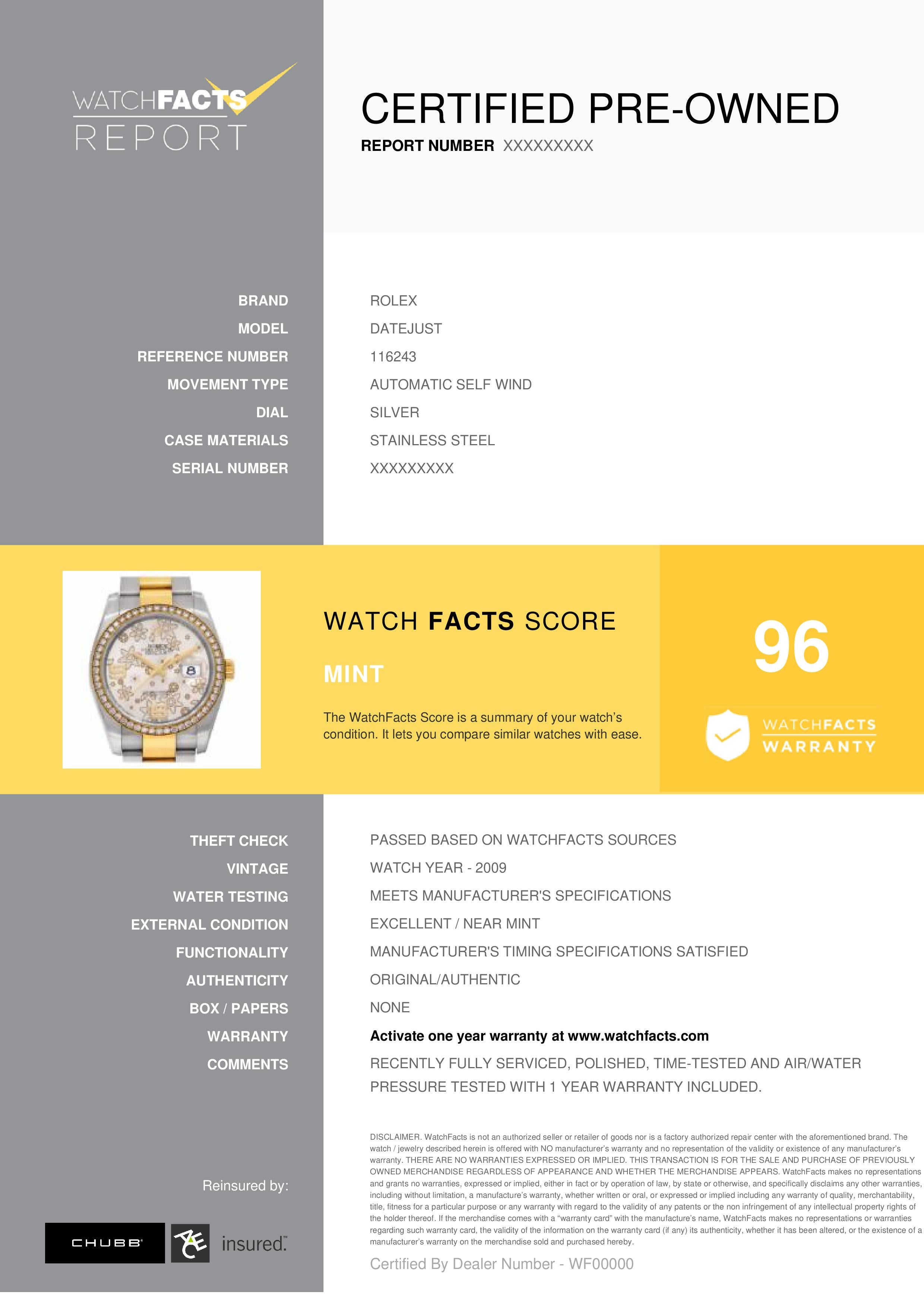 Rolex Datejust Reference #: 116243. Womens Automatic Self Wind Watch Stainless Steel Silver 36 MM. Verified and Certified by WatchFacts. 1 year warranty offered by WatchFacts.
