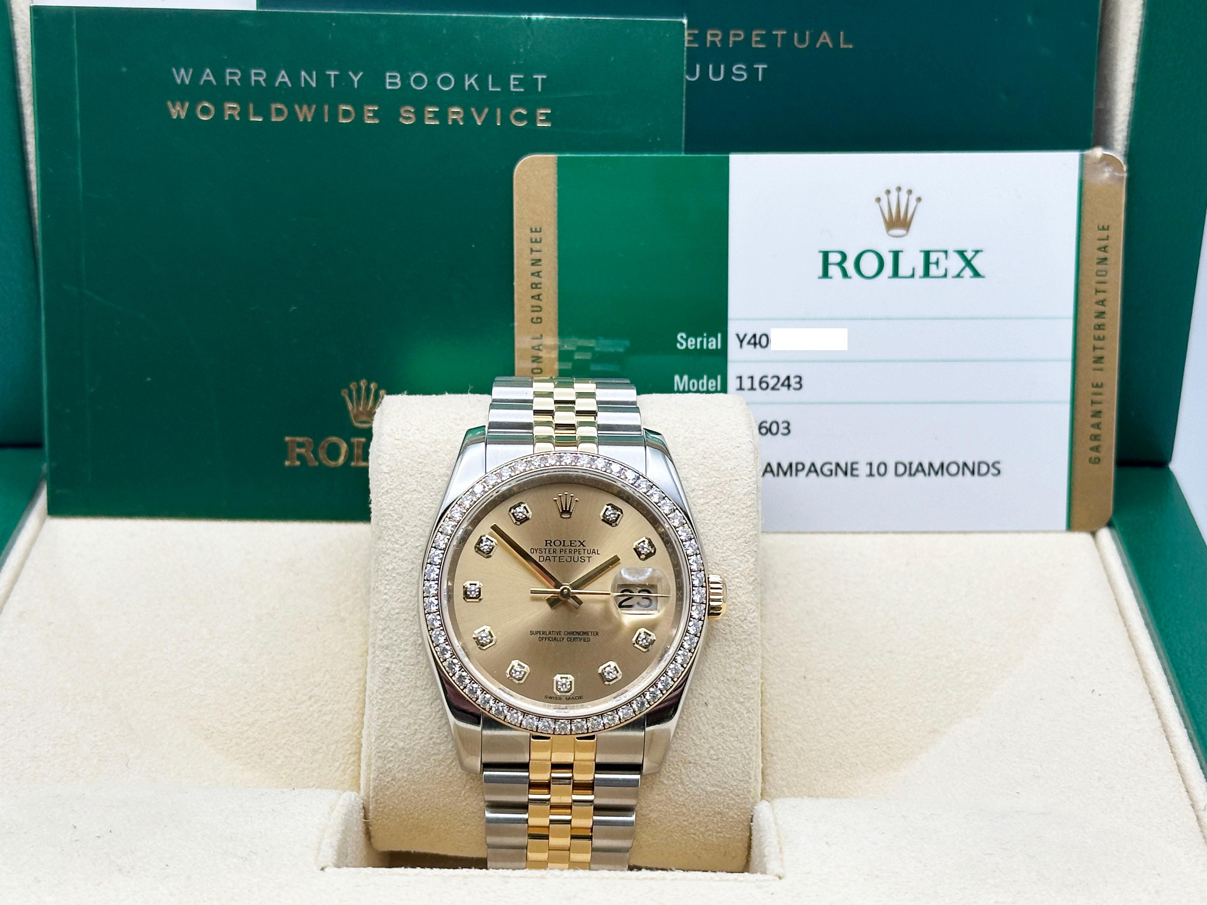 Style Number: 116234


Serial: Y406M***



Year: 2016

 

Model: Rolex Datejust 

 

Case Material: Stainless Steel 

 

Band: 18K Yellow Gold & Stainless Steel 

  

Bezel: Original Factory Diamond Bezel 

  

Dial: Original Factory Champagne