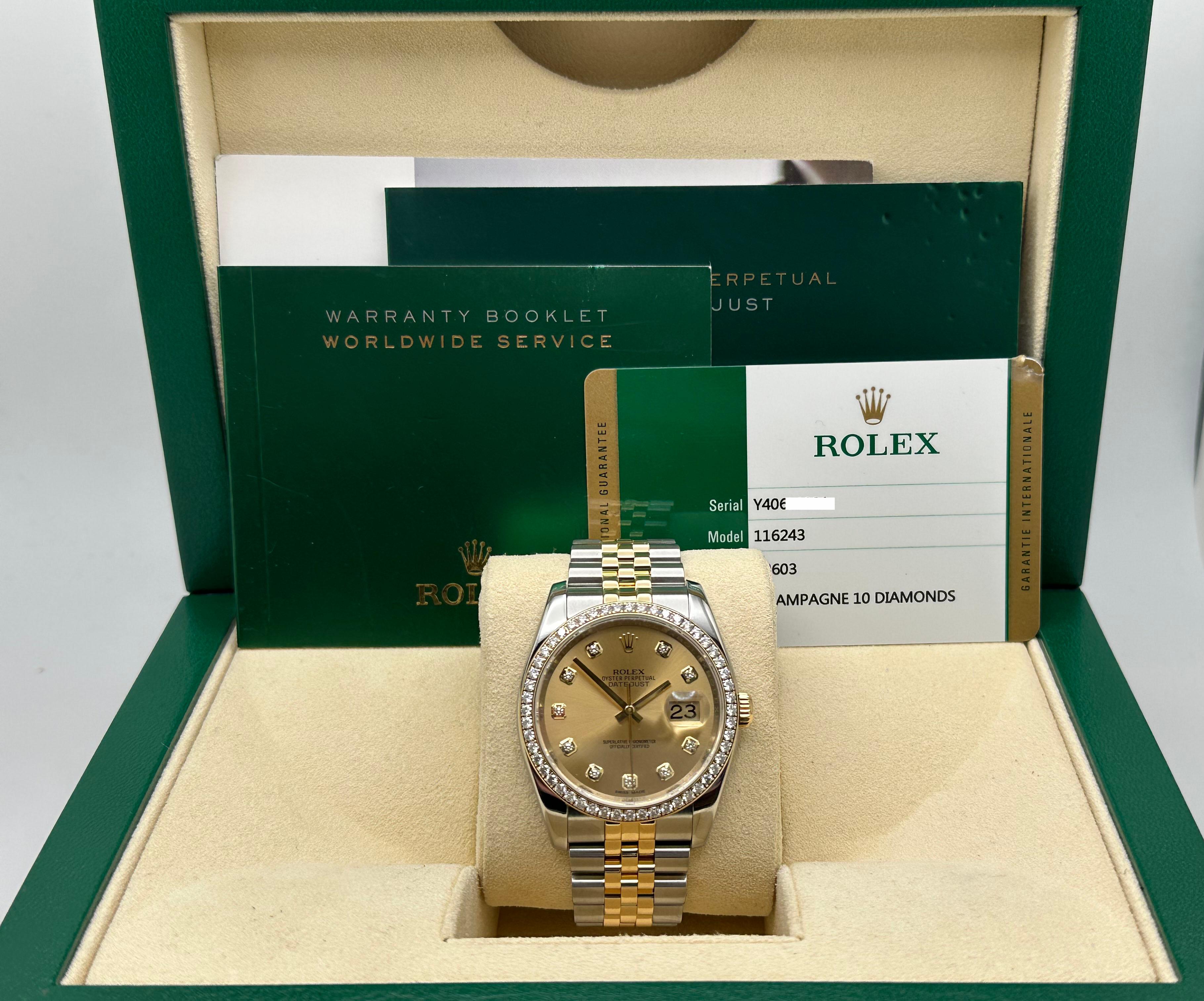 Rolex Datejust 116243 Champagne Diamond Dial and Bezel 18K Gold Steel Box Paper In Excellent Condition In San Diego, CA