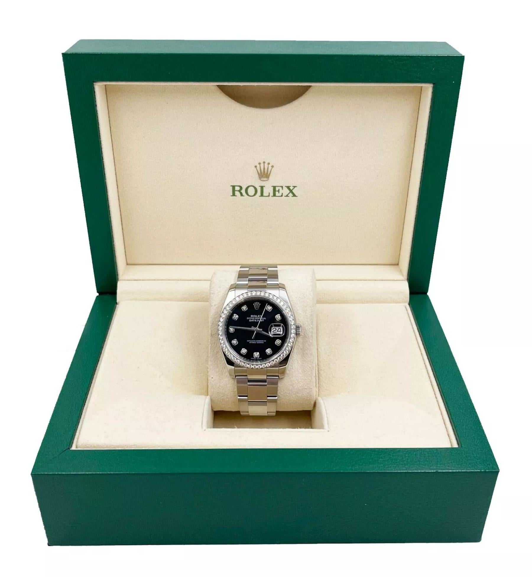 Style Number: 116244  
Serial: 0070W***
Year: 2010- Now
Model: Datejust
Case Material: Stainless Steel
Band:  Stainless Steel
Bezel: Original Factory Diamond Bezel
Dial: Original Factory Black Diamond Dial 
Face: Sapphire Crystal 
Case Size: