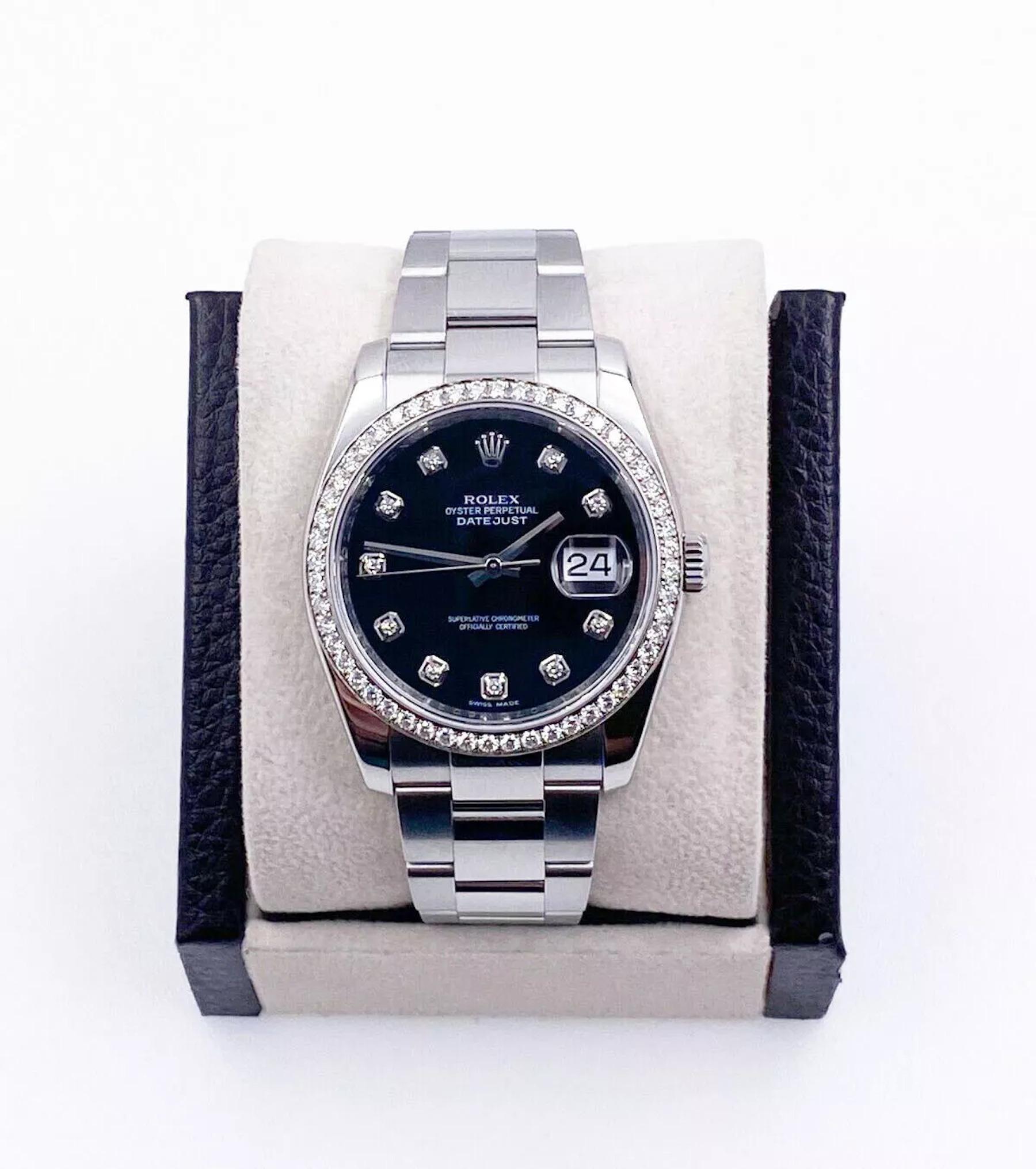 Rolex Datejust 116244 36mm Black Diamond Dial & Diamond Bezel Stainless Steel In Excellent Condition For Sale In San Diego, CA