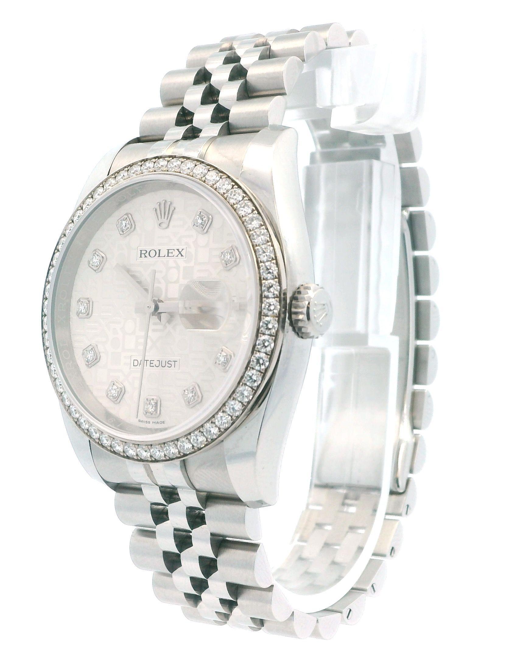 Rolex Datejust 116244 Mens Watch. 36mm stainless steel case with 18K white gold and factory diamond bezel. Silver anniversary dial with silver hands and diamond hour markers. Date display at 3 o'clock position. Stainless steel jubilee bracelet with
