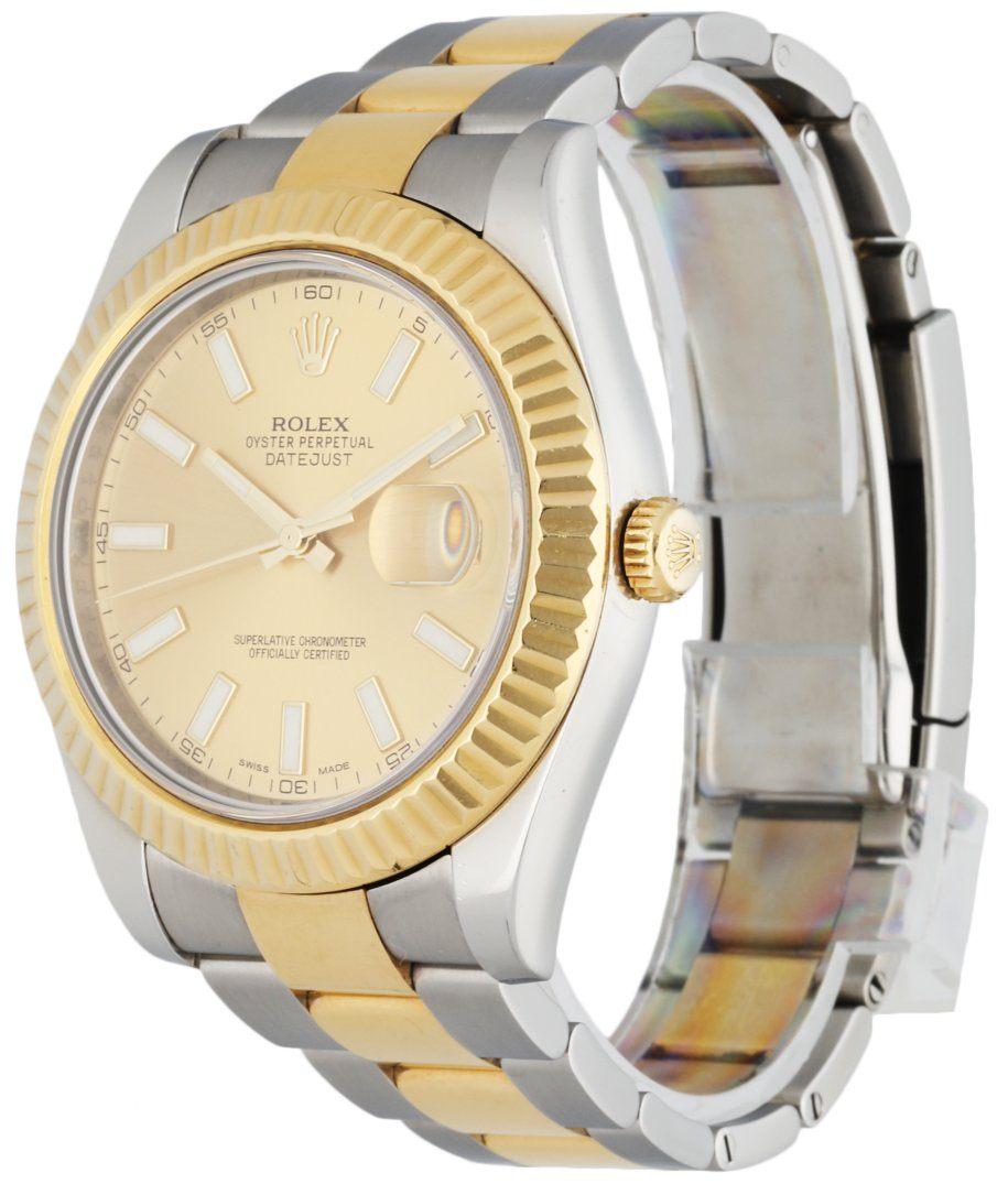 
Rolex Datejust 116333 men's watch. 41MM stainless steel case with 18k Yellow gold fluted bezel. Champagne dial with luminous god hands and index hour marker with  engraved rehaut. The date display at a 3 o'clock position. stainless steel and 18K