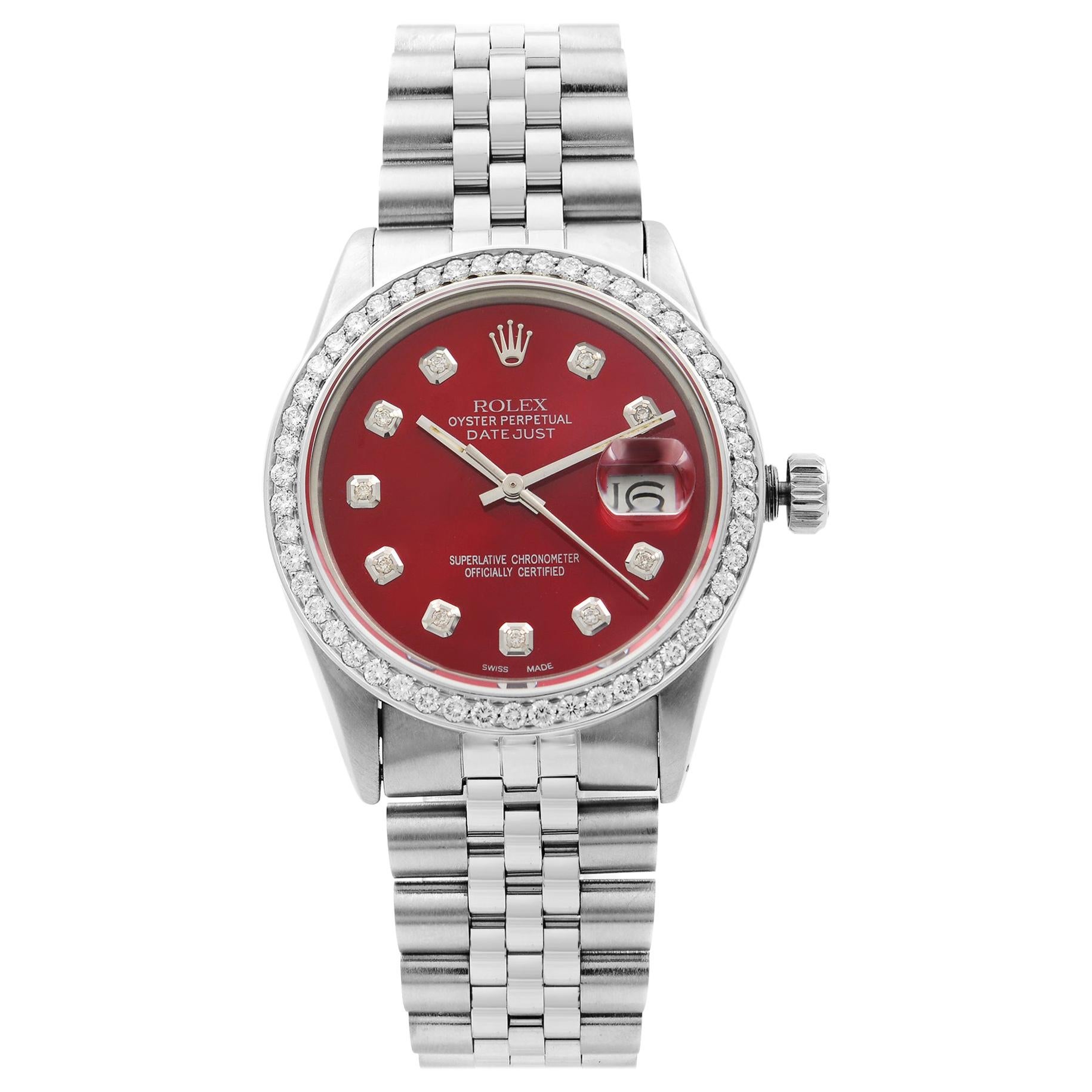 Rolex Datejust 1.20 Carat Custom Diamond Red Dial Men's 1985 Watch 16014