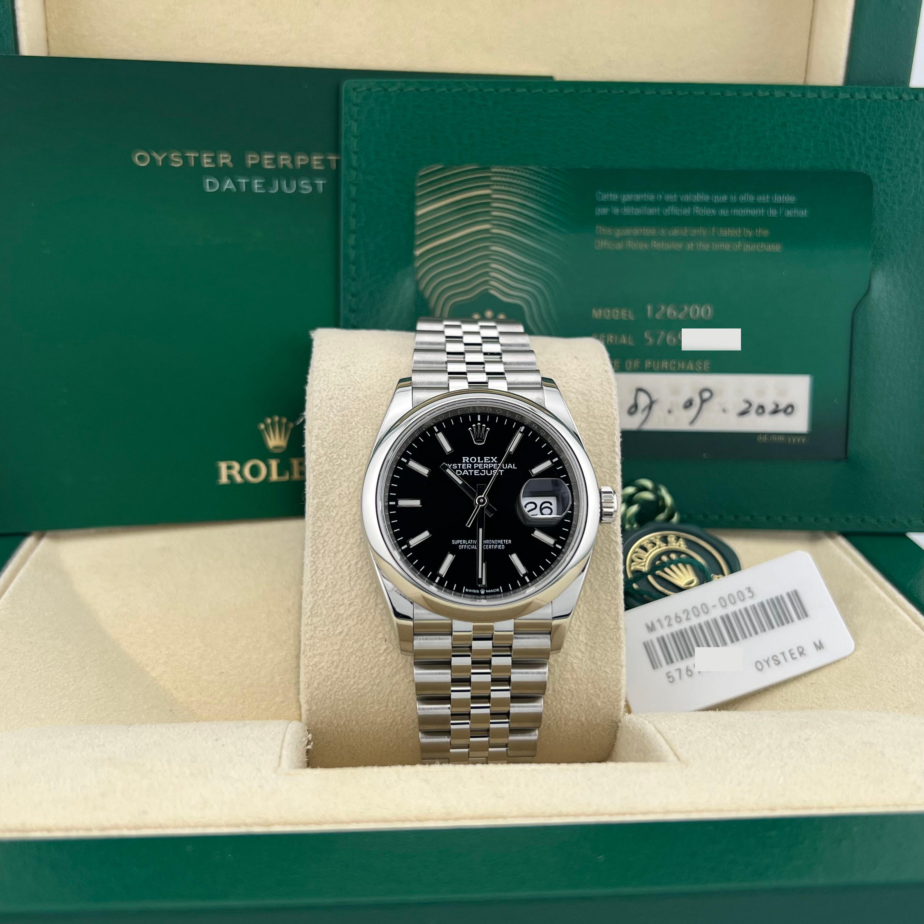 Style Number: 126200

Serial: 5769K***

Year: 2020

Model: Rolex Datejust 

Case Material: Stainless Steel 

Band: Stainless Steel 

Bezel: Stainless Steel

Dial: Black 

Face: Sapphire Crystal 

Case Size: 36mm 

Includes:

-Rolex Box &