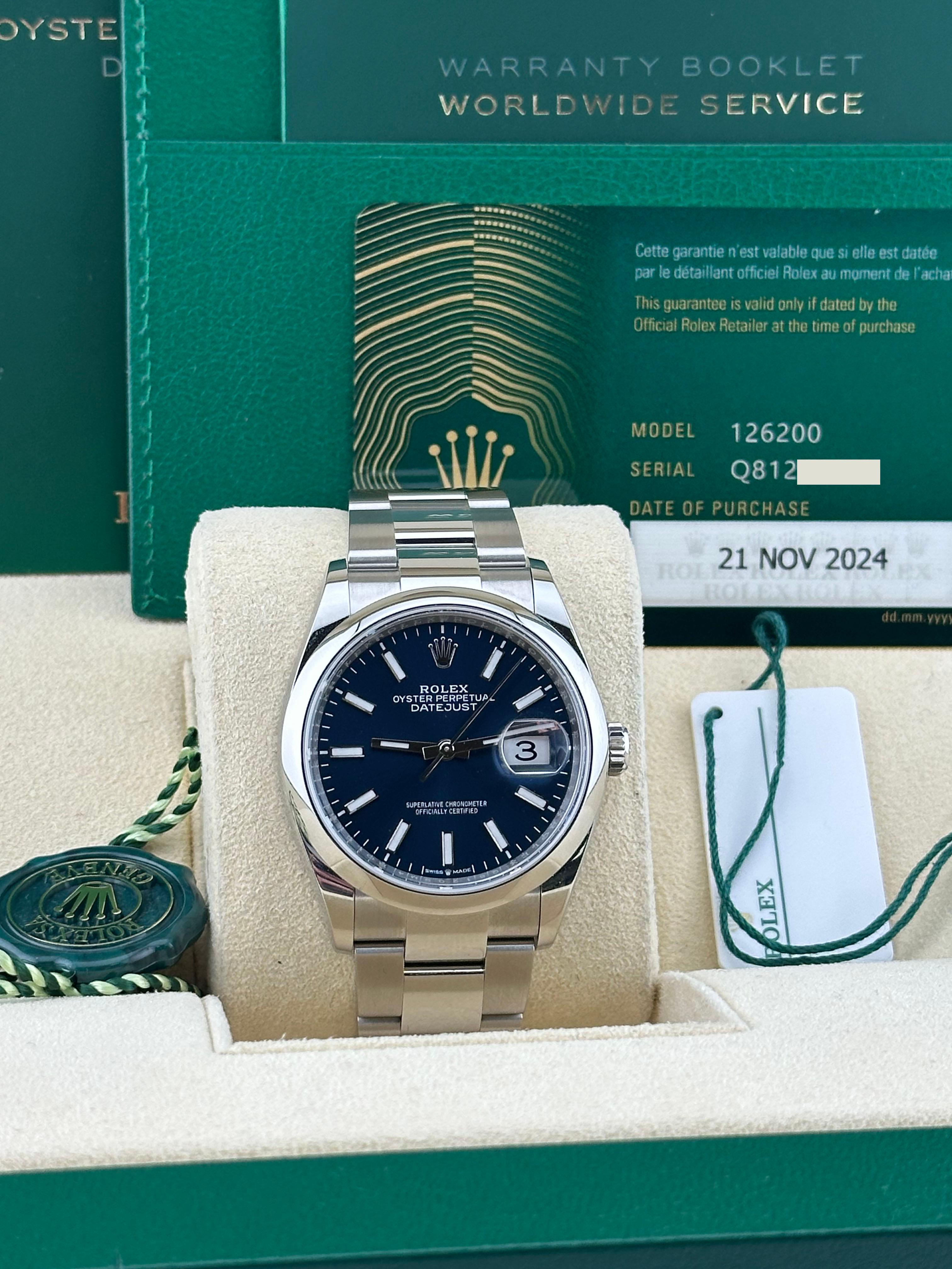 Rolex Datejust 126200 36mm Blue Dial Stainless Steel Box Paper 2024 For Sale 3