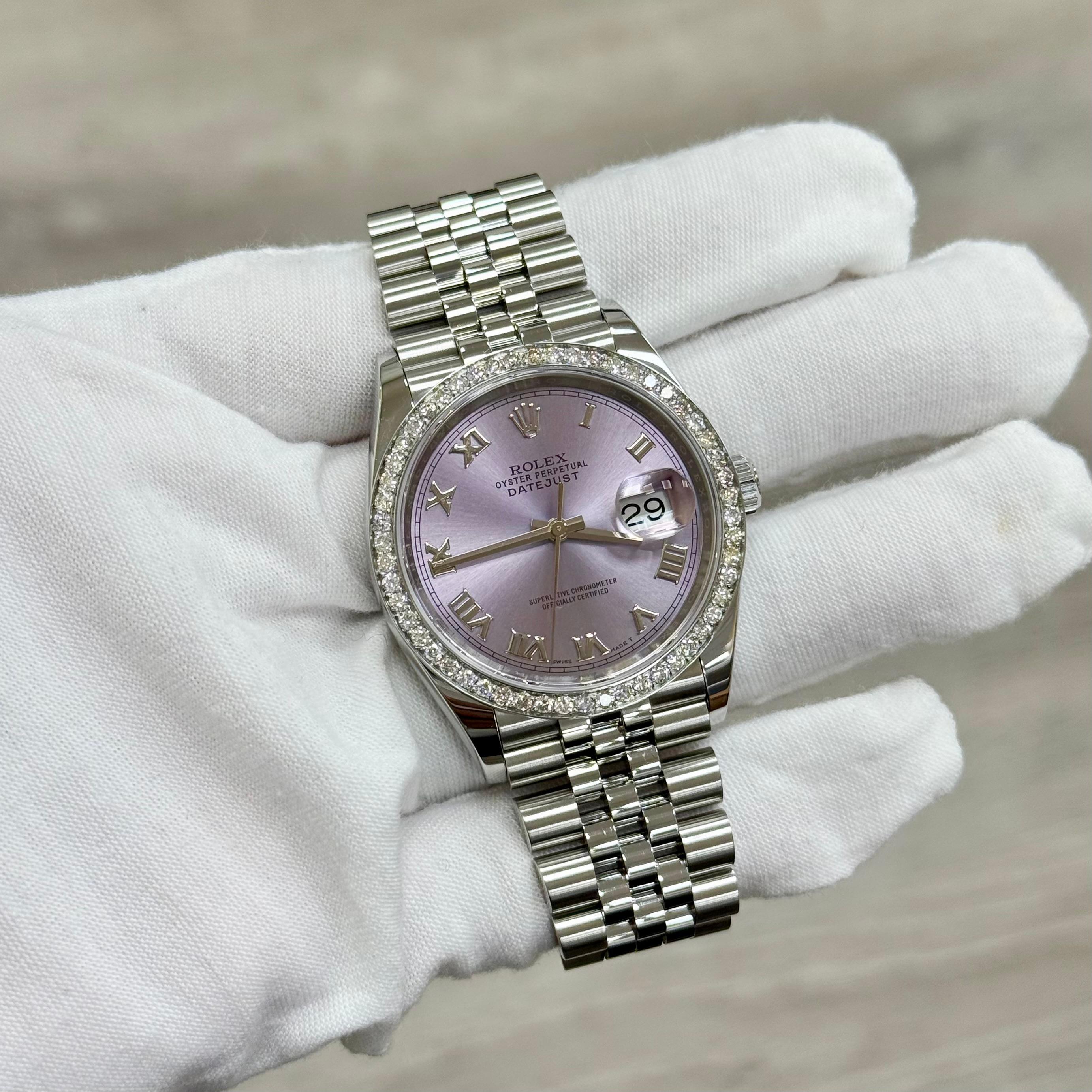Rolex Datejust 126200 36mm Lavender Dial Diamond Bezel Steel Box Papers For Sale 7