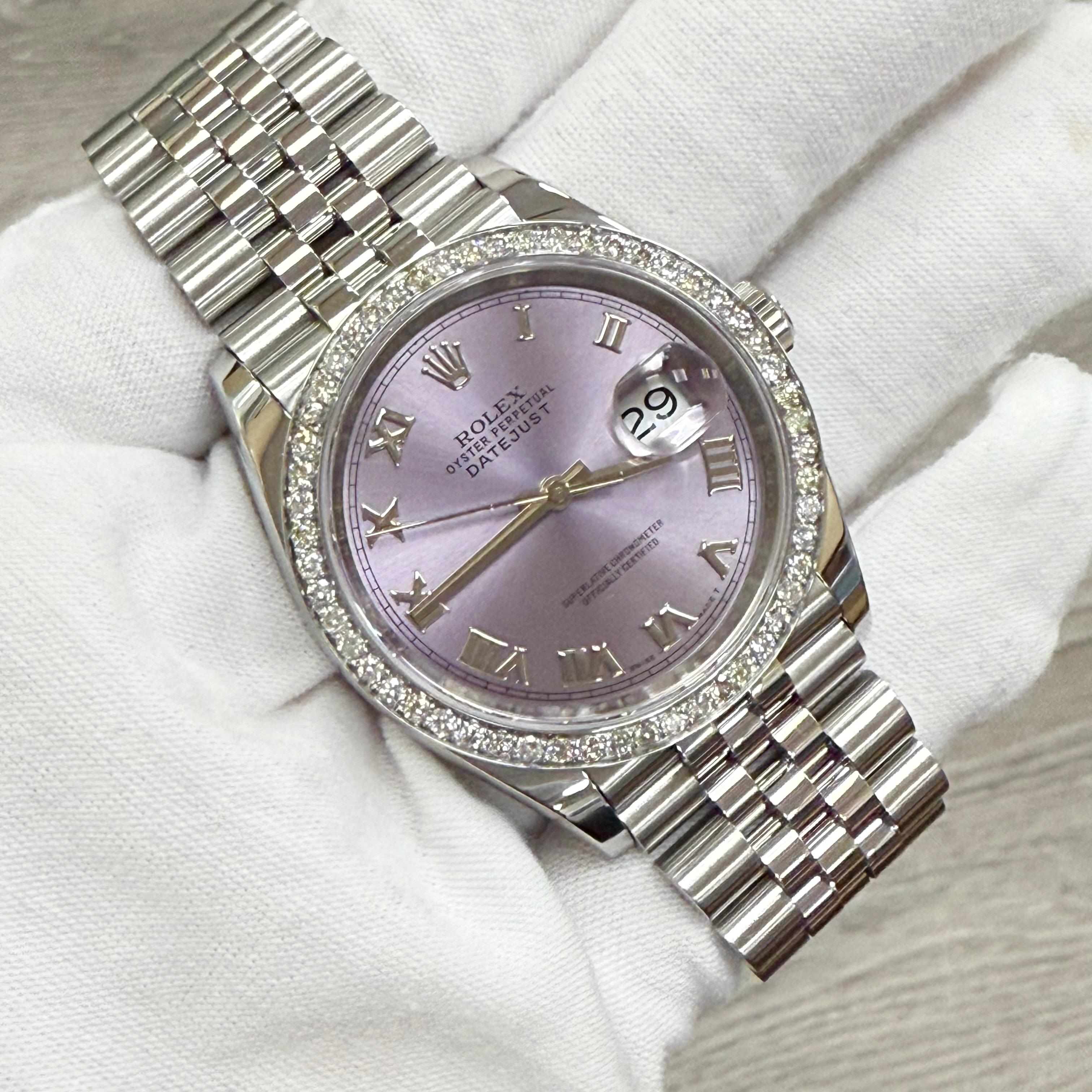 Rolex Datejust 126200 36mm Lavender Dial Diamond Bezel Steel Box Papers For Sale 8