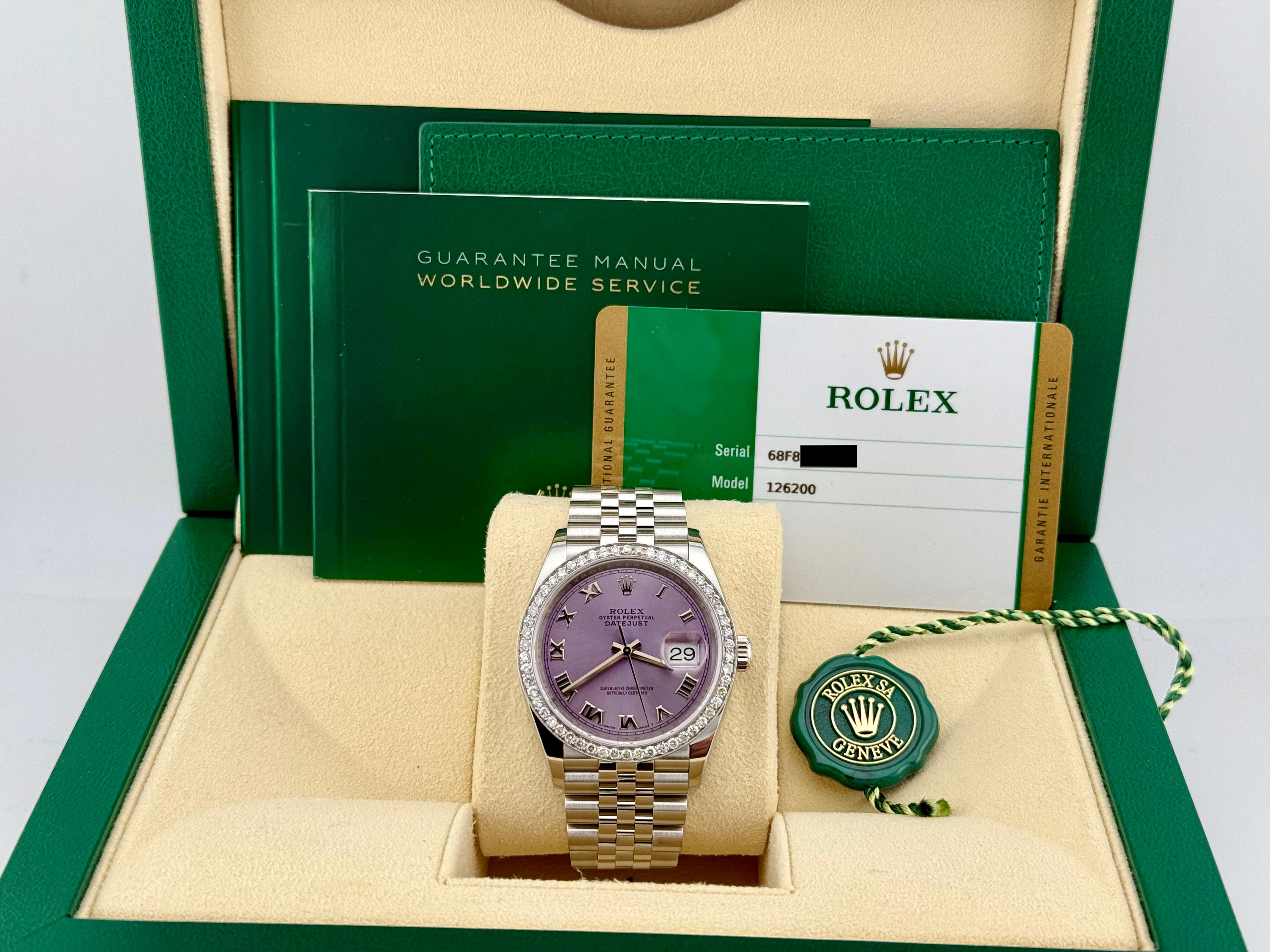 Style Number: 126200



Serial: 68F8****



Year: 2020

 

Model: Rolex Datejust

 

Case Material: Stainless Steel

 

Band: Stainless Steel Jubilee

  

Bezel: Custom Diamond Bezel

  

Dial: Custom Lavender Roman Numerals

 

Crystal:  Sapphire


