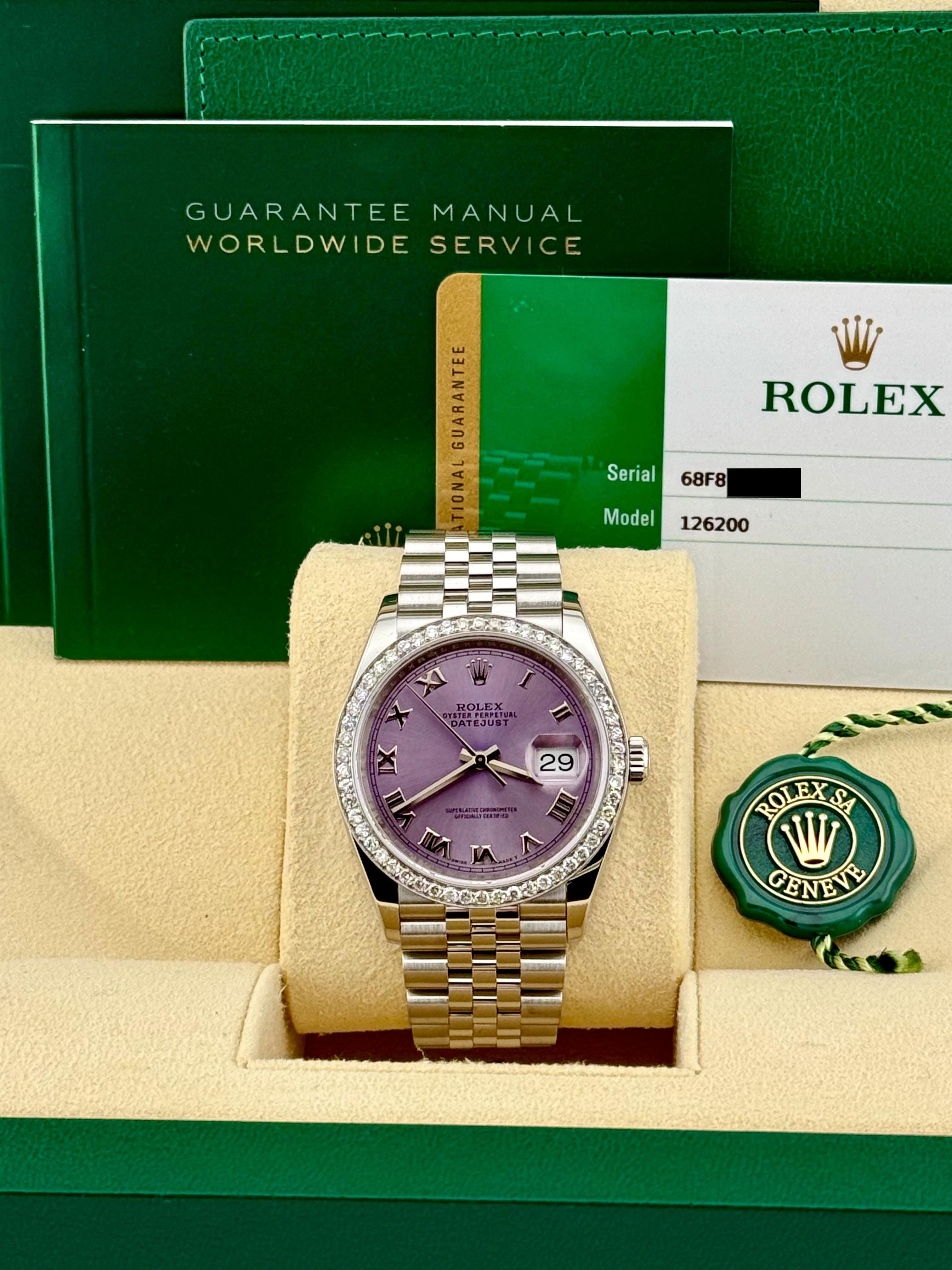 Round Cut Rolex Datejust 126200 36mm Lavender Dial Diamond Bezel Steel Box Papers For Sale