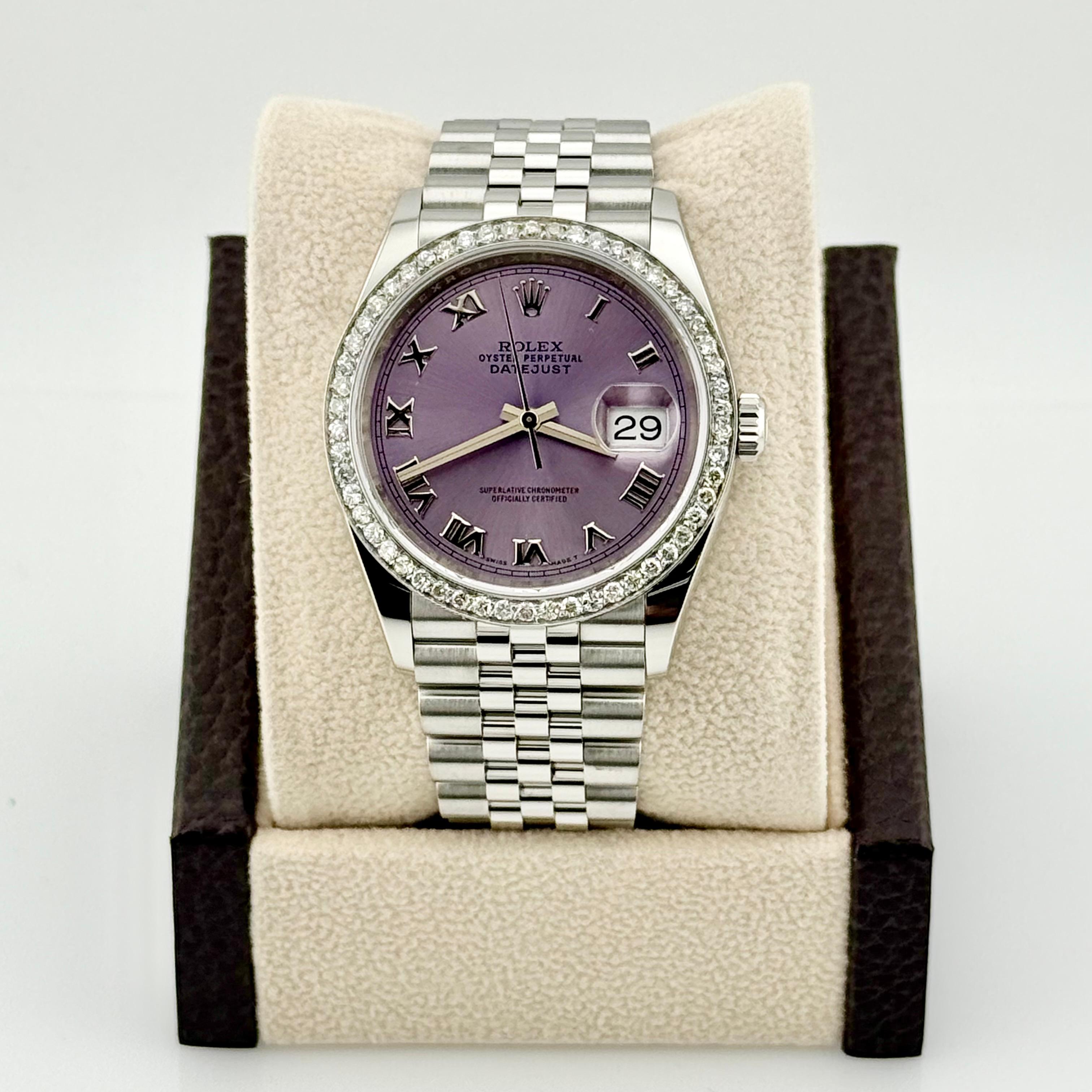 Rolex Datejust 126200 36mm Lavender Dial Diamond Bezel Steel Box Papers In Excellent Condition For Sale In San Diego, CA