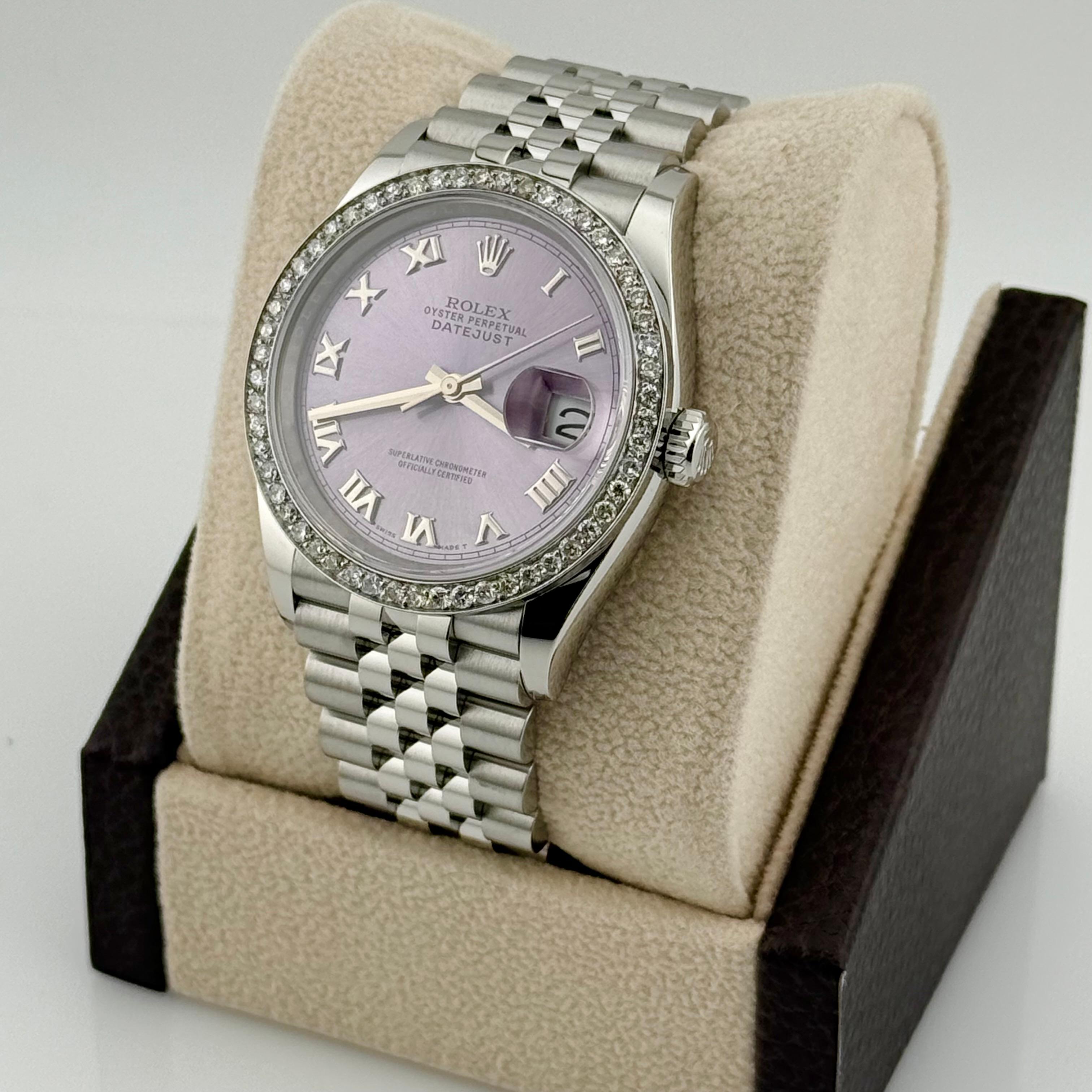Women's or Men's Rolex Datejust 126200 36mm Lavender Dial Diamond Bezel Steel Box Papers For Sale