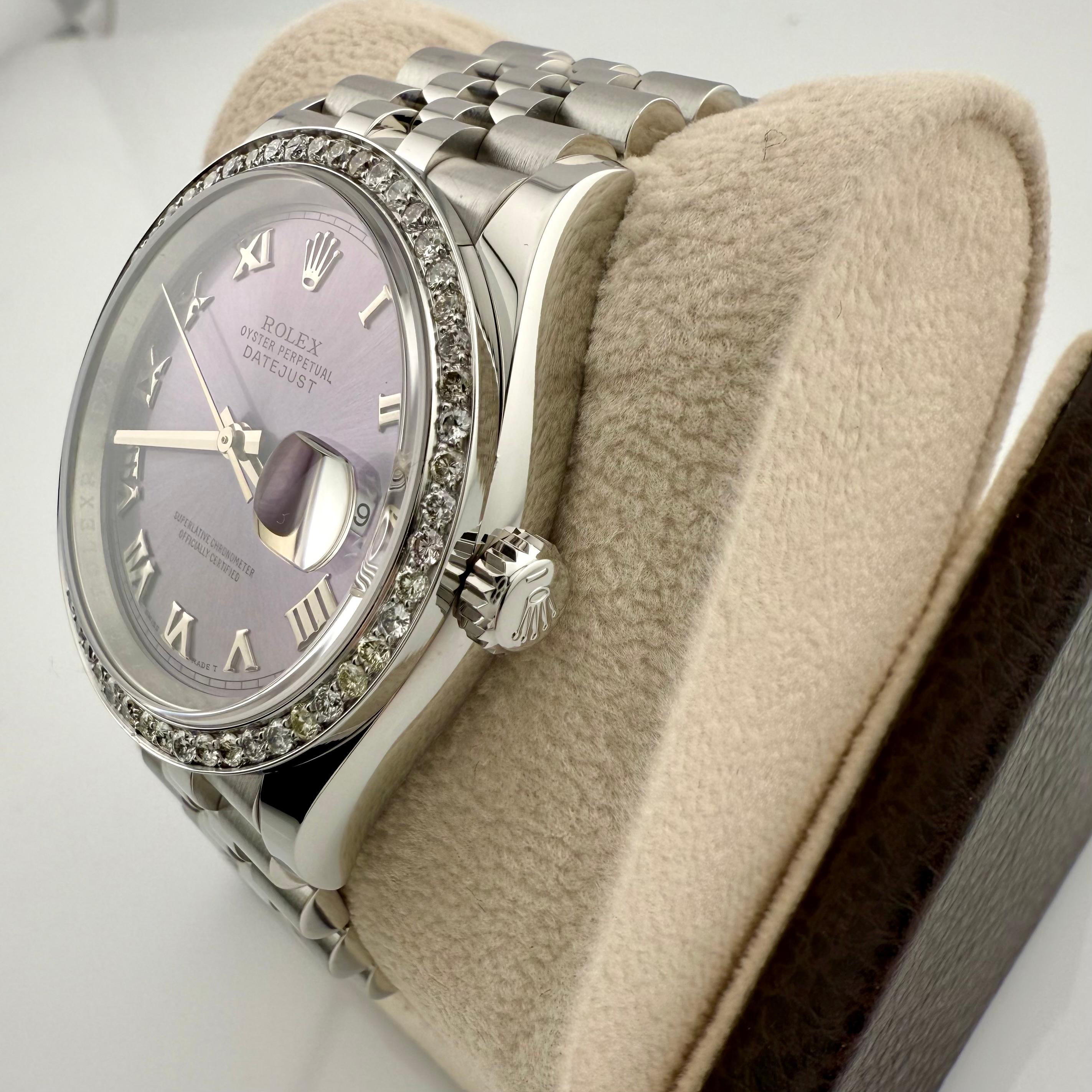 Rolex Datejust 126200 36mm Lavender Dial Diamond Bezel Steel Box Papers For Sale 1