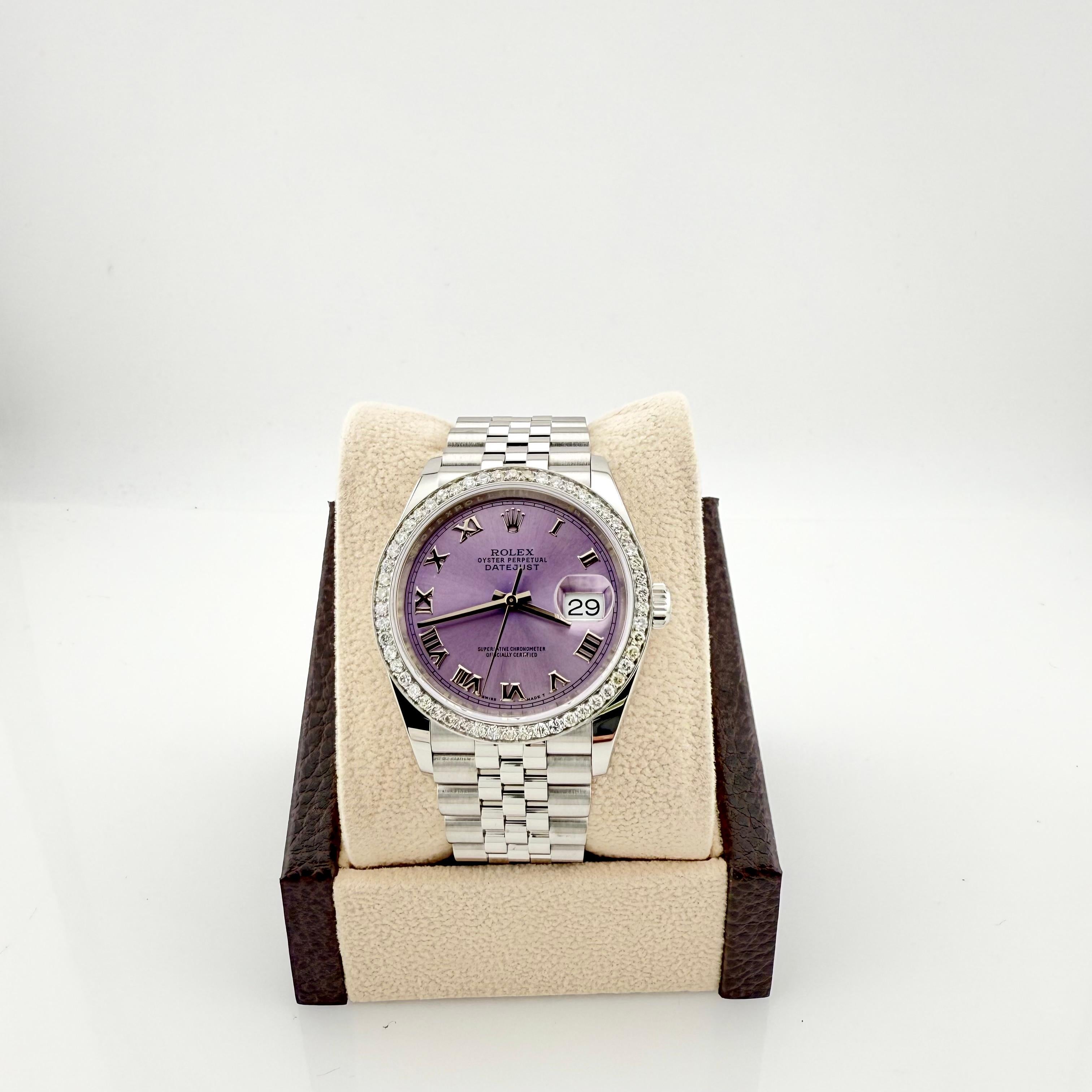 Rolex Datejust 126200 36mm Lavender Dial Diamond Bezel Steel Box Papers For Sale 3