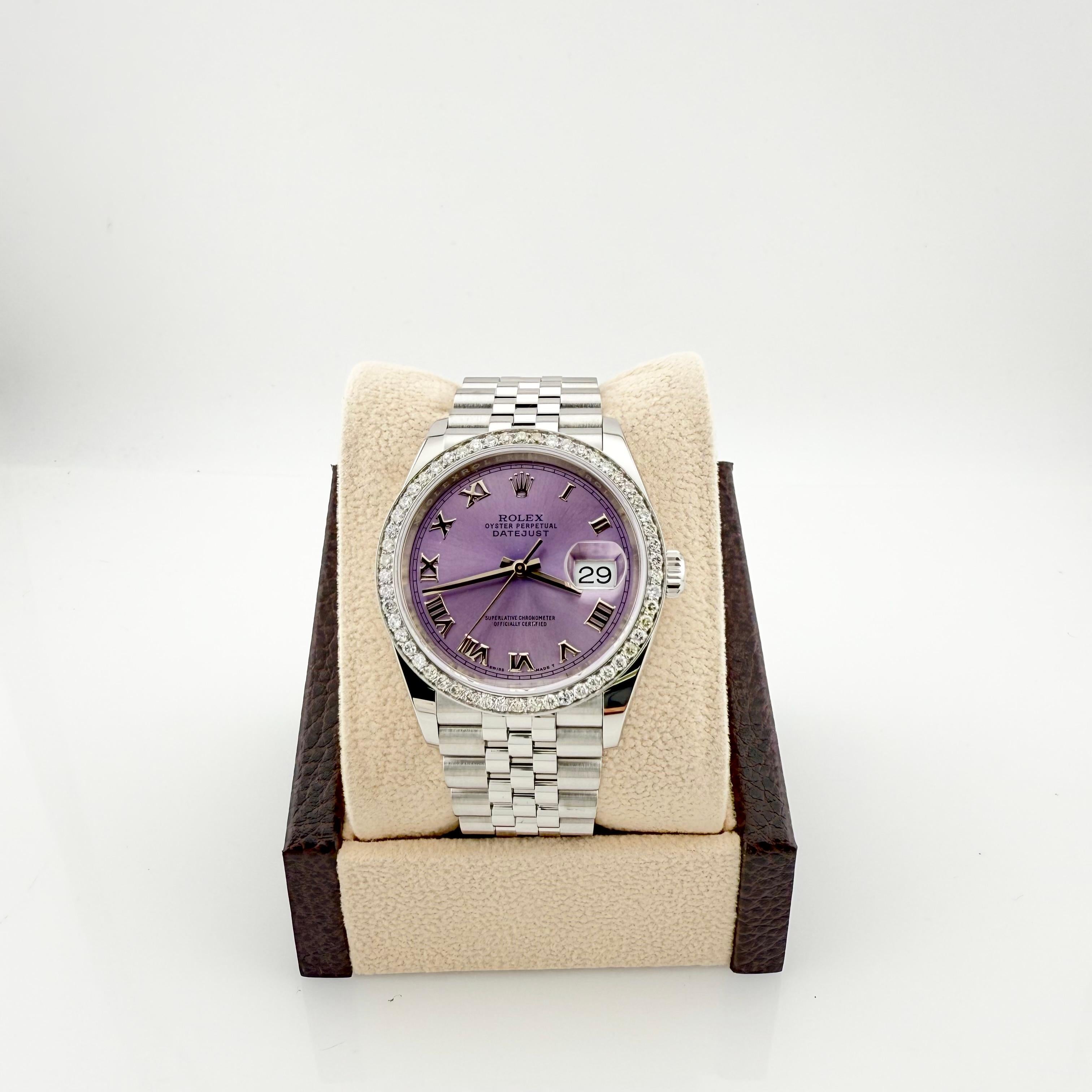 Rolex Datejust 126200 36mm Lavender Dial Diamond Bezel Steel Box Papers For Sale 4