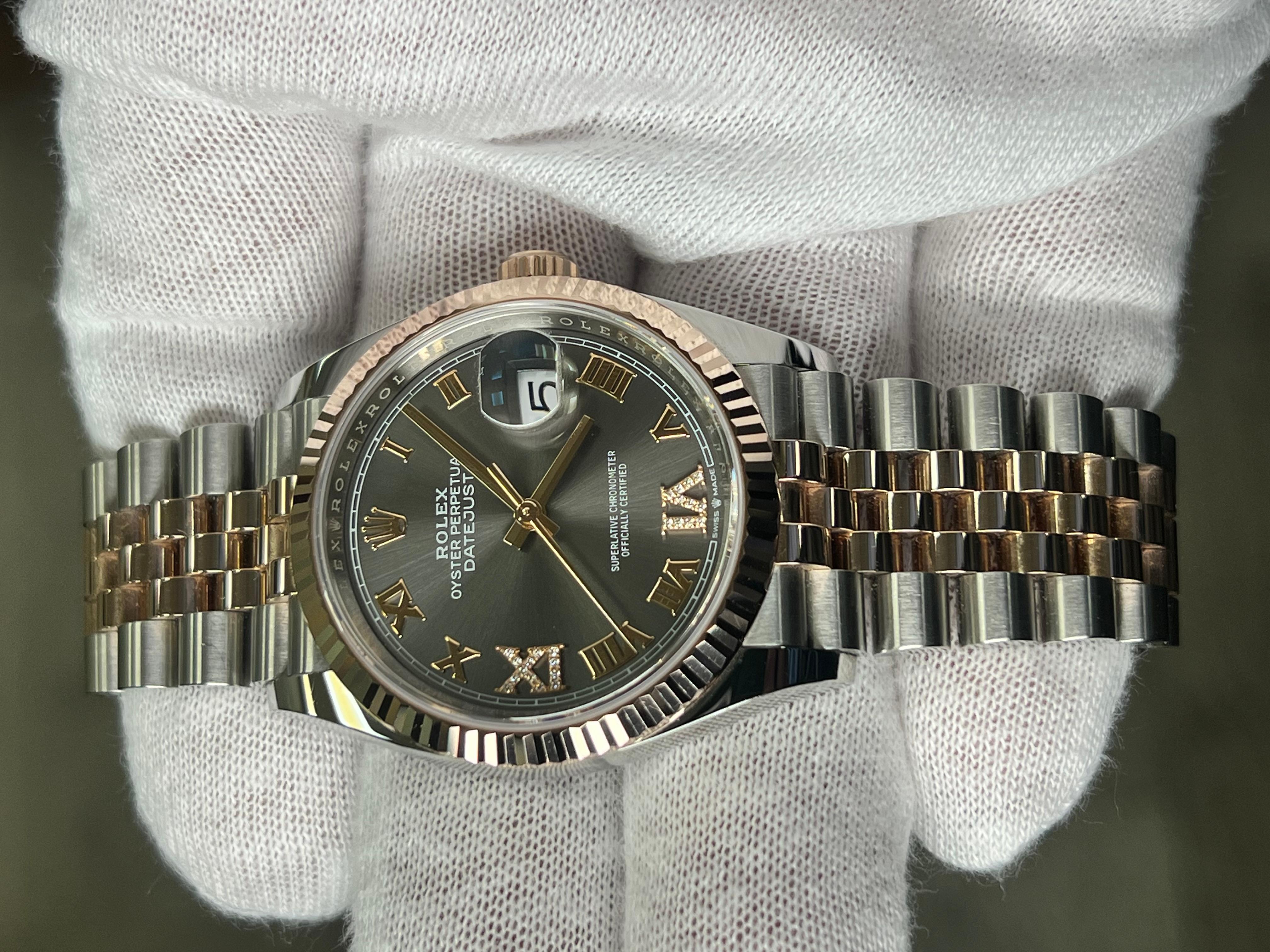 Rolex Datejust 126231 Gray VI & IX diamond Dial 18K Rose Gold Steel Box Paper In Excellent Condition In San Diego, CA