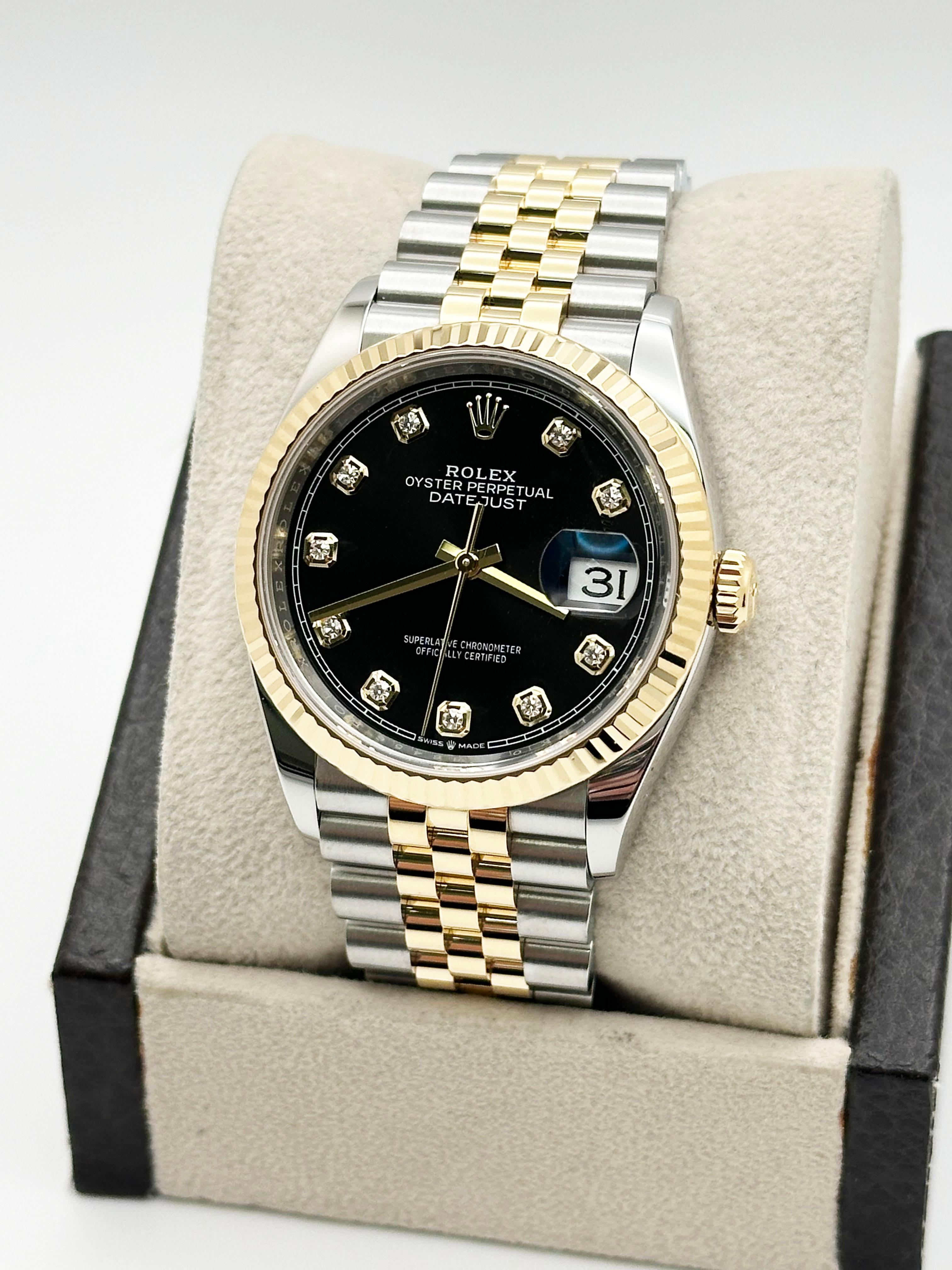 Rolex Datejust 126233 36mm Black Diamond Dial 18K Gold Steel Box Paper 2023 In Excellent Condition In San Diego, CA