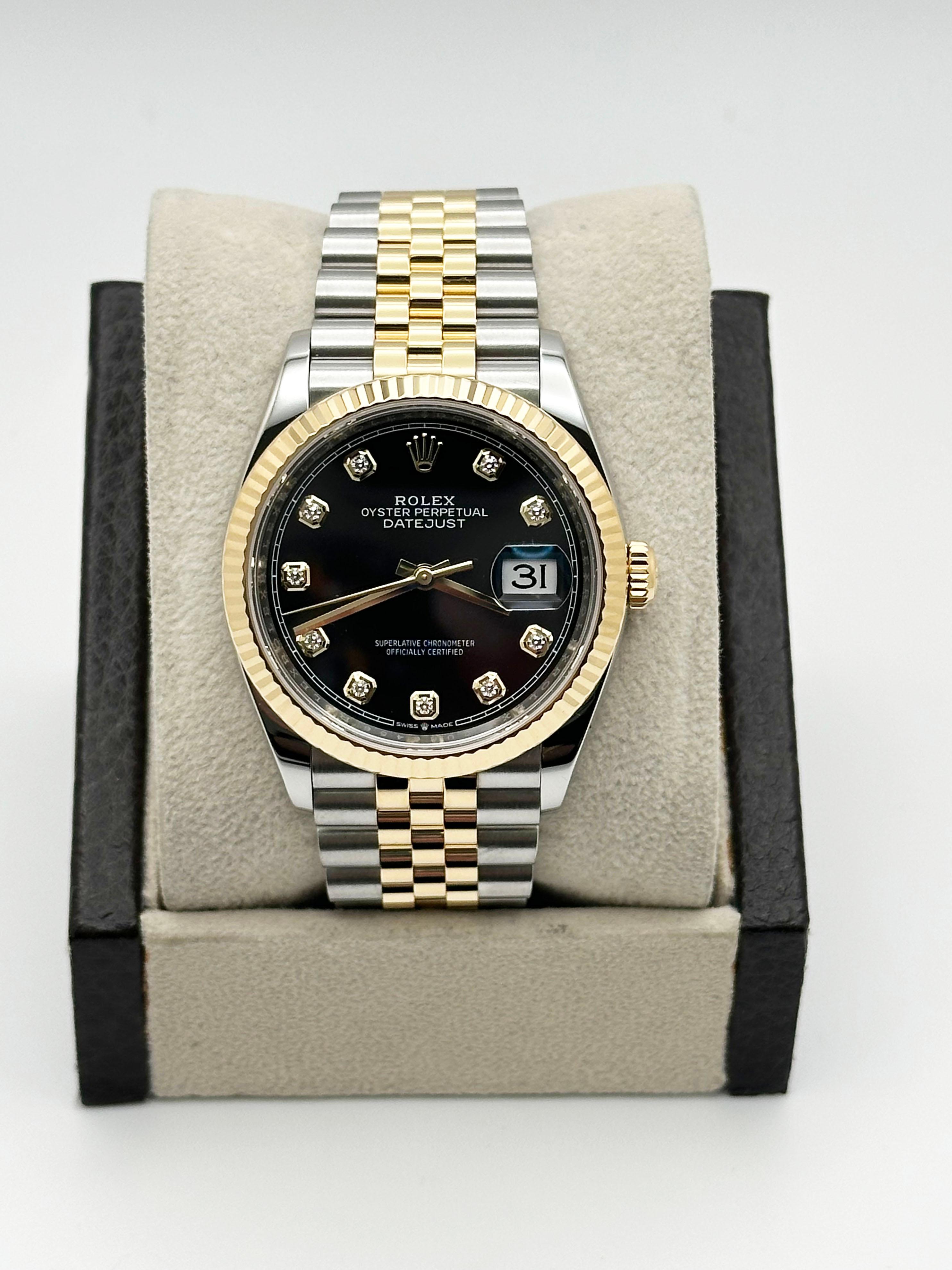 Men's Rolex Datejust 126233 36mm Black Diamond Dial 18K Gold Steel Box Paper 2023