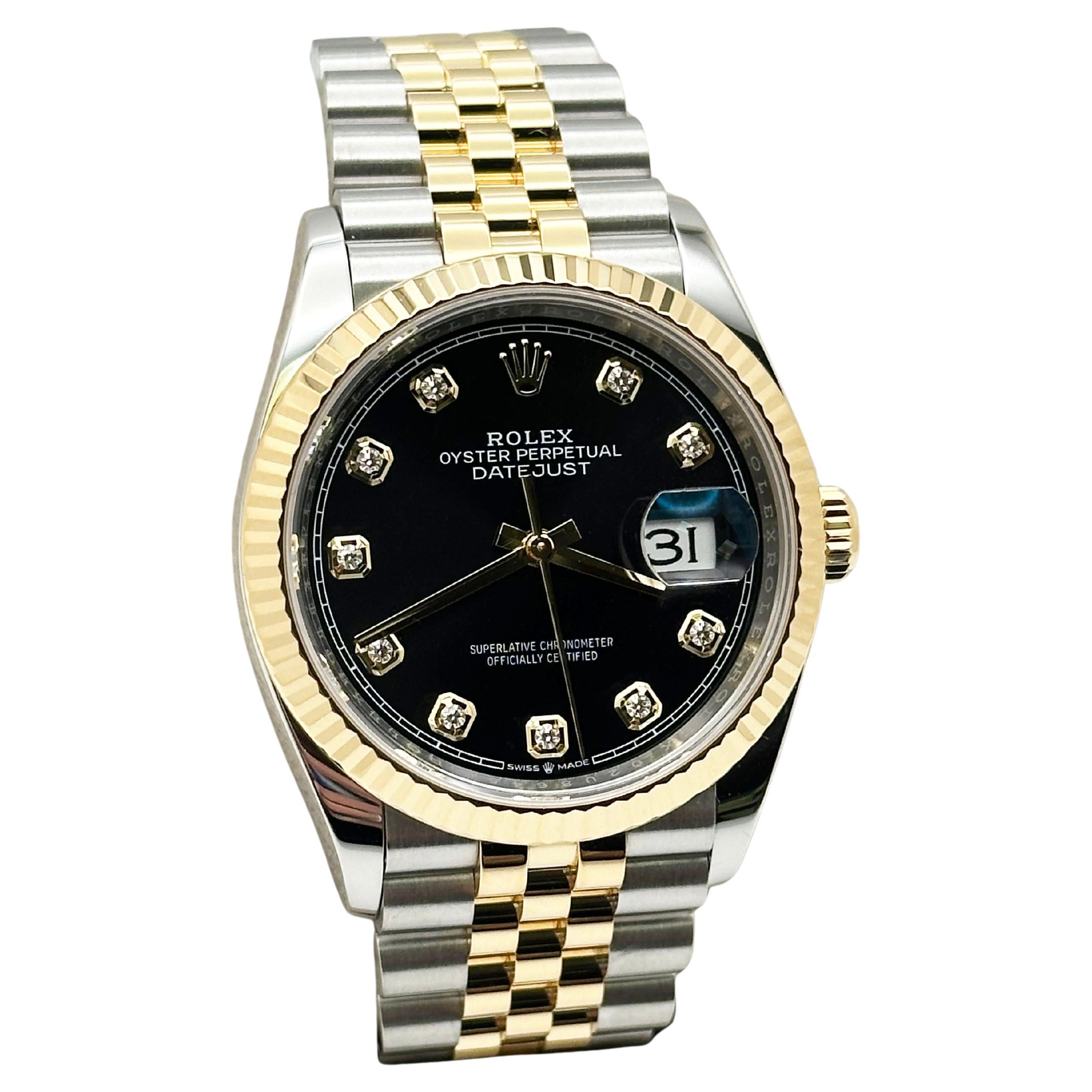 Rolex Datejust 126233 36 mm quadrante nero con diamanti, oro 18 carati, scatola d'acciaio 2023