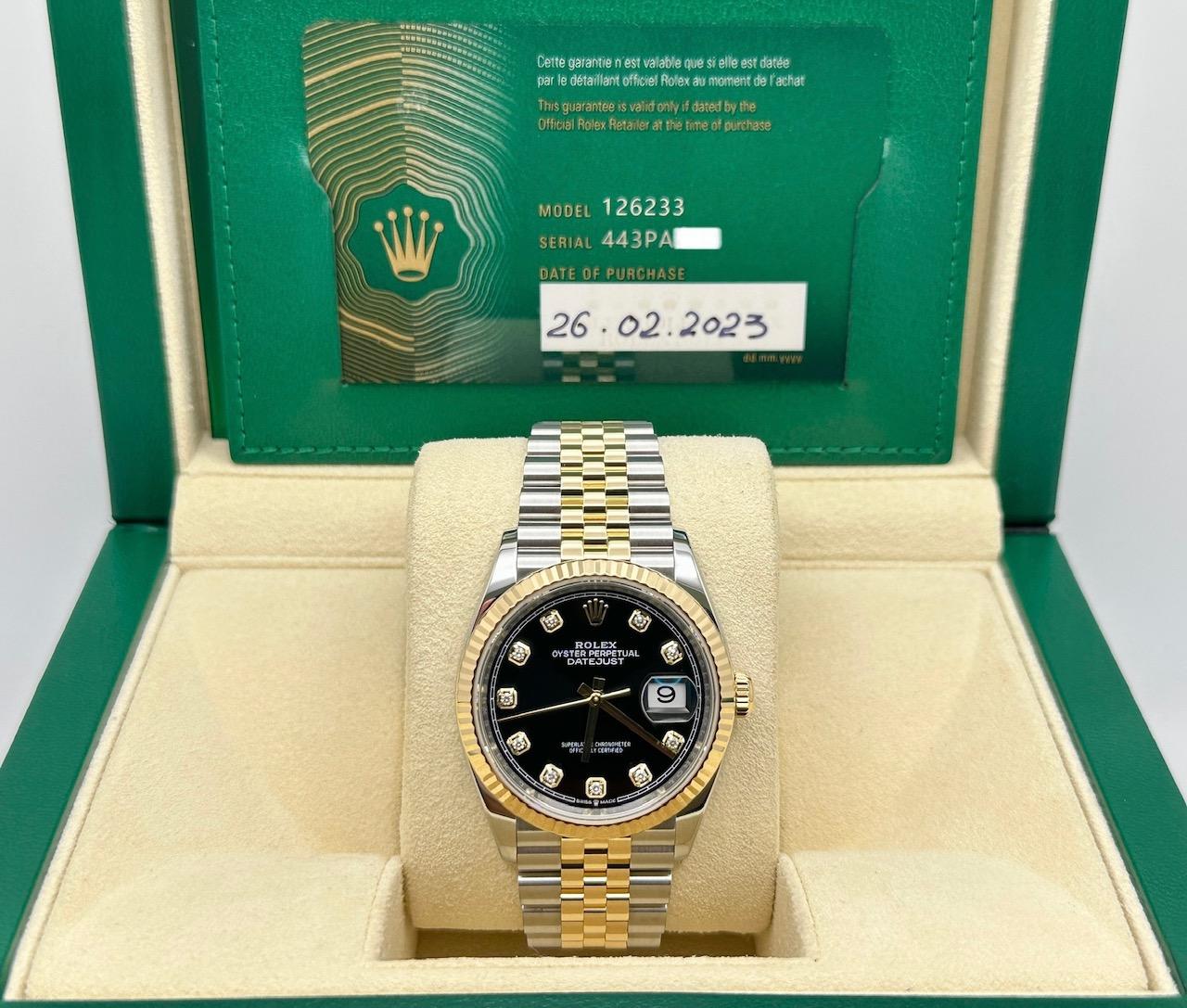 Numero di stile: 126233



Seriale: 443PA***



Anno: 2023

 

Model: Rolex Datejust

 

Materiale della cassa: Acciaio inossidabile

 

Fascia: oro giallo 18 carati e acciaio inossidabile

  

Lunetta: scanalata in oro giallo 18 carati

   